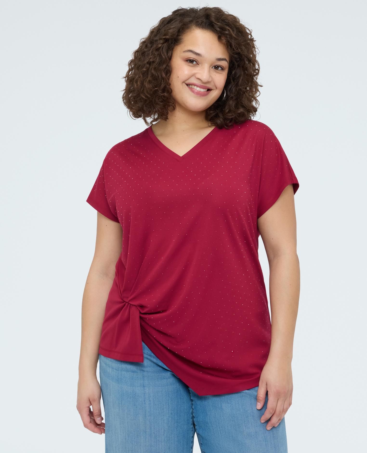 Camiseta de mujer con drapeado y destellos de luz efecto asimétrico - Fiorella Rubino - Burdeos Burdeos-1
