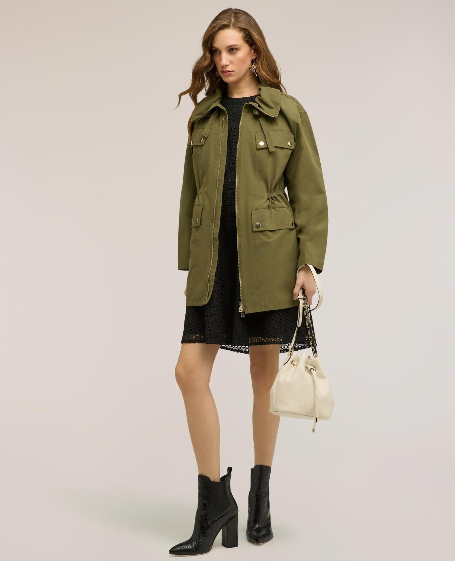 Parka de mujer con cordón ajustable mezcla de algodón apertura frontal con cuello y cremallera cordón en la cintura - Motivi - Kaki Kaki-1