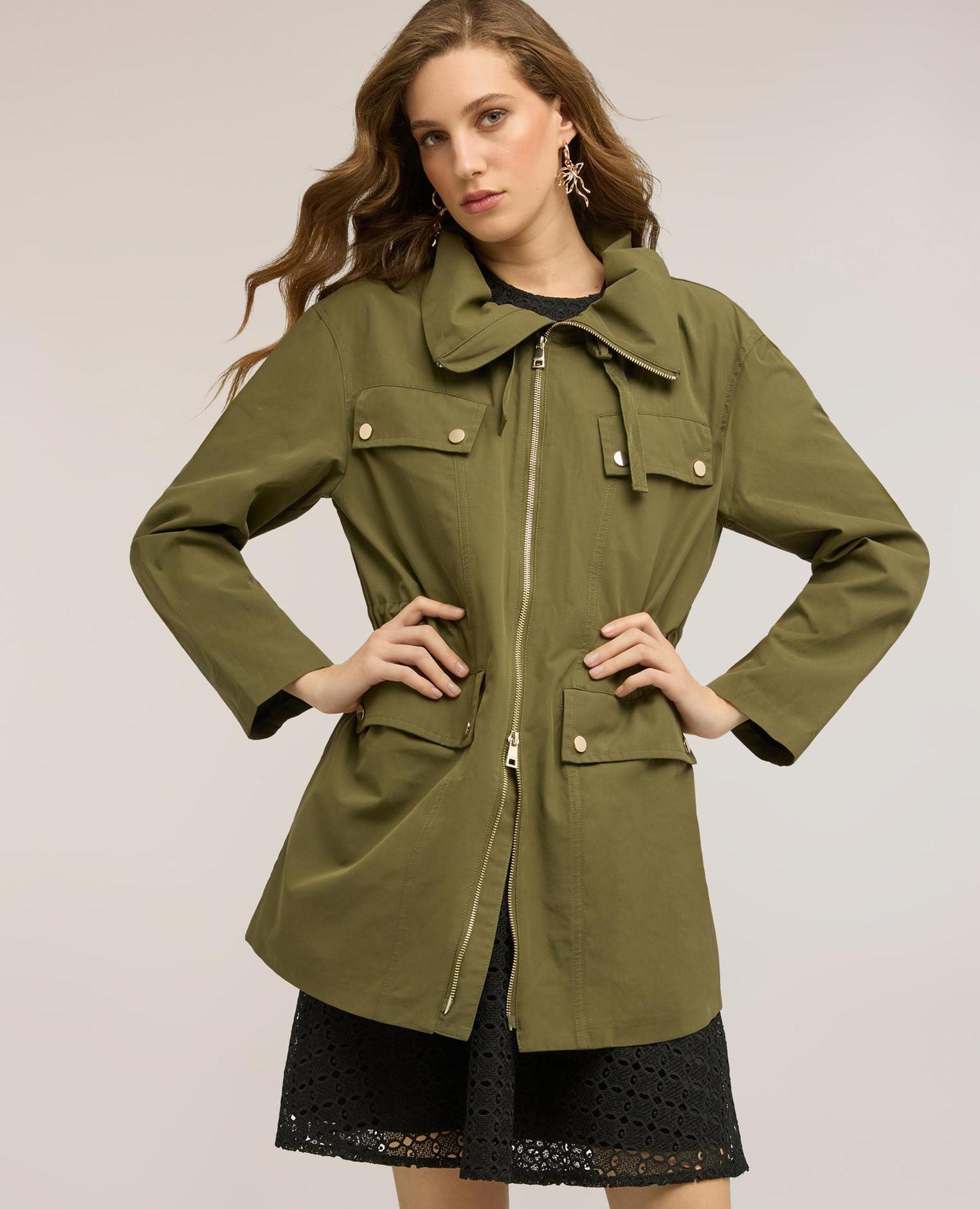 Parka de mujer con cordón ajustable mezcla de algodón apertura frontal con cuello y cremallera cordón en la cintura - Motivi - Kaki Kaki-3