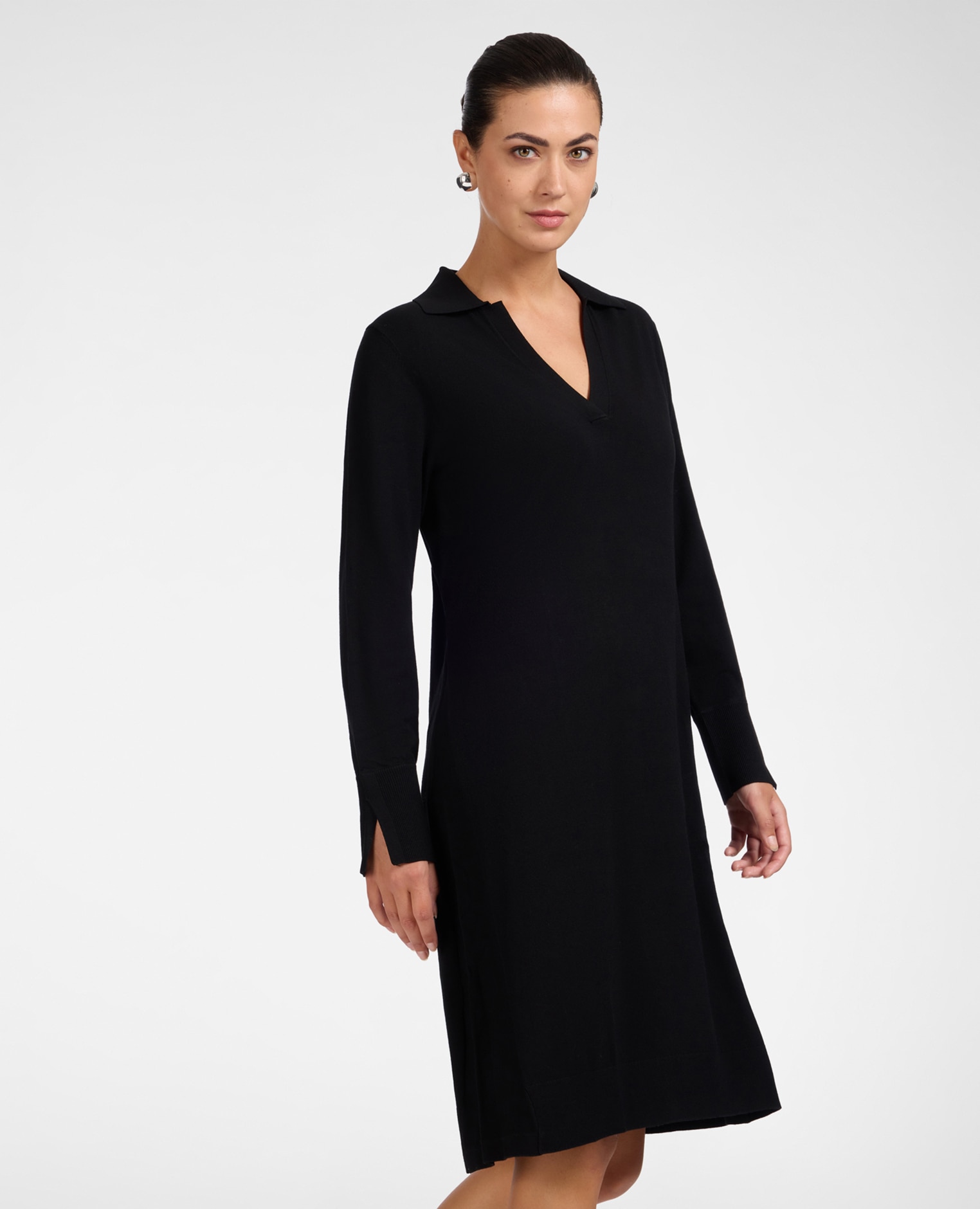 Vestido en hilo de viscosa escote en v con cuello camisero - Elena Miró - Negro Negro-1