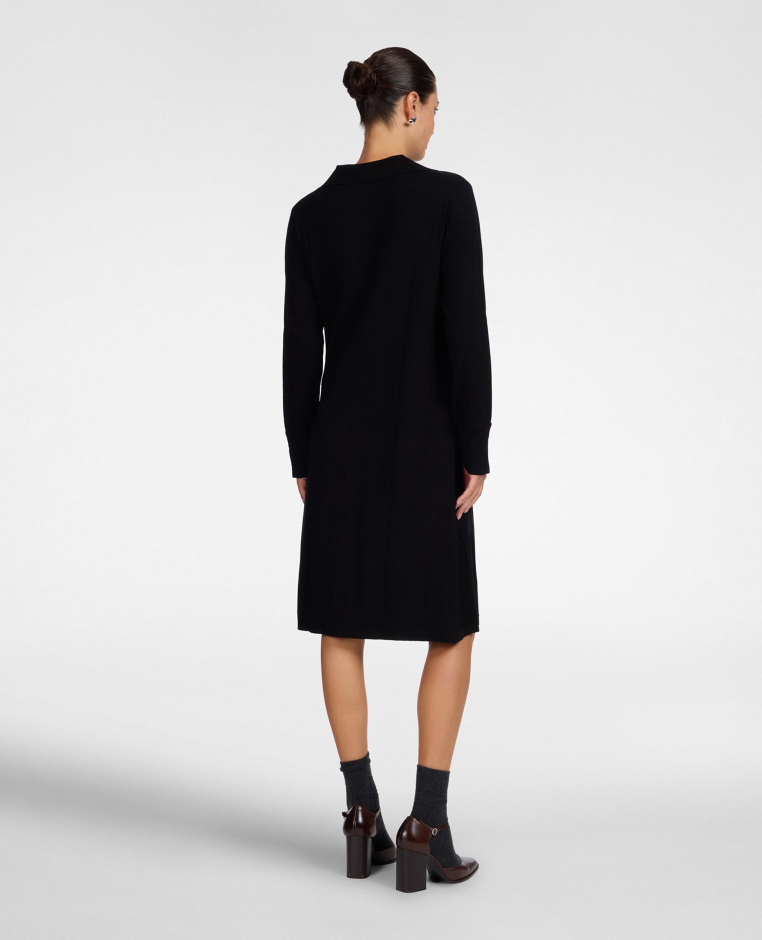 Vestido en hilo de viscosa escote en v con cuello camisero - Elena Miró - Negro Negro-2