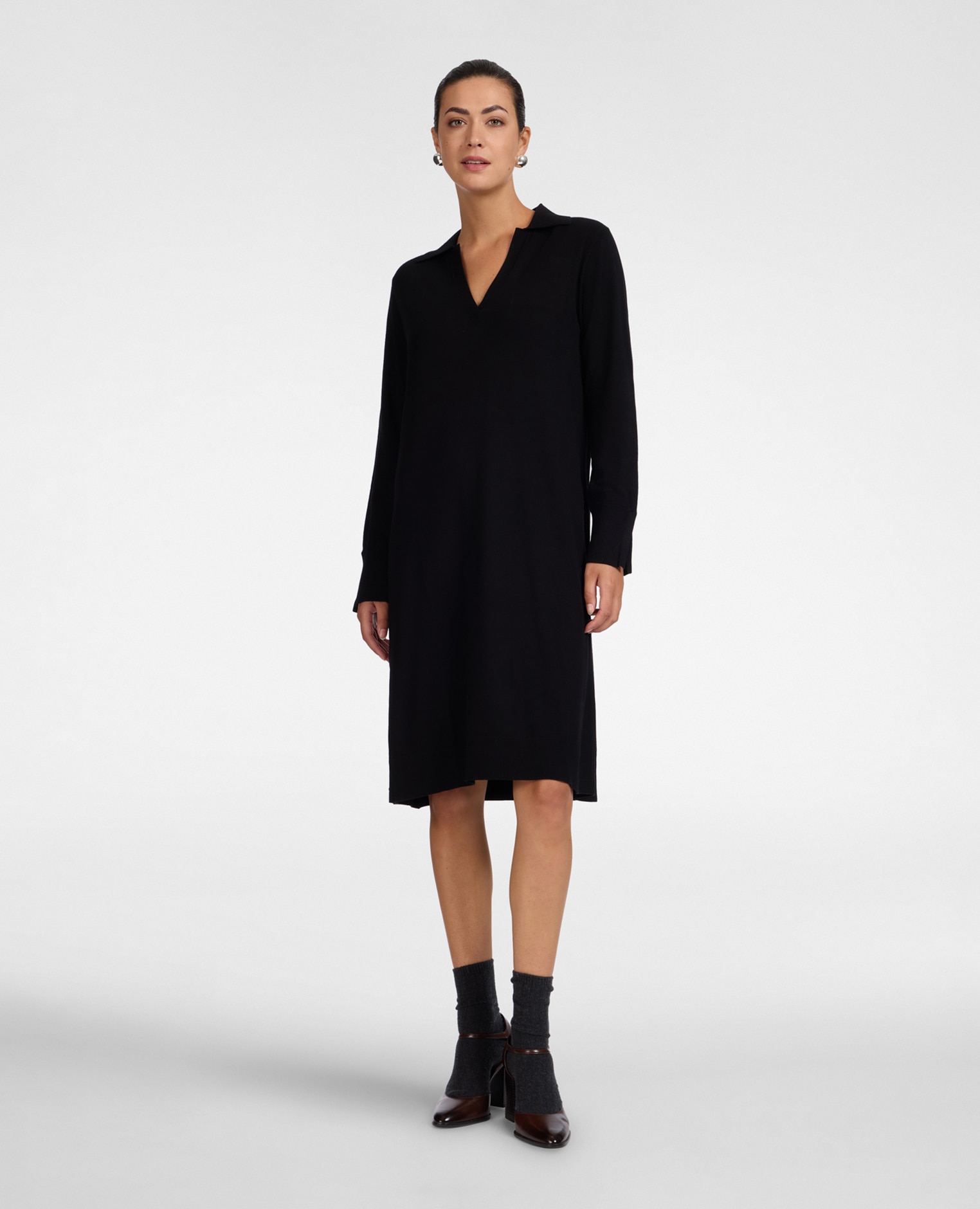 Vestido en hilo de viscosa escote en v con cuello camisero - Elena Miró - Negro Negro-3