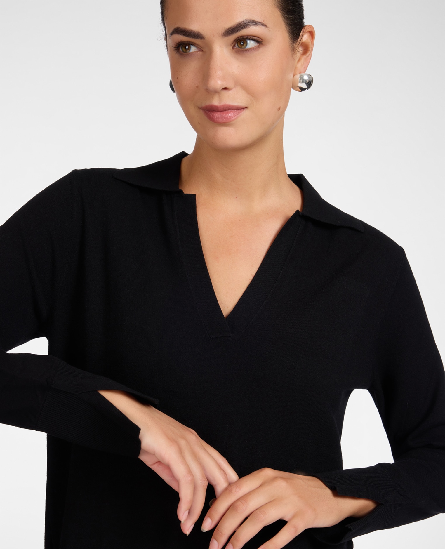 Vestido en hilo de viscosa escote en v con cuello camisero - Elena Miró - Negro Negro-4