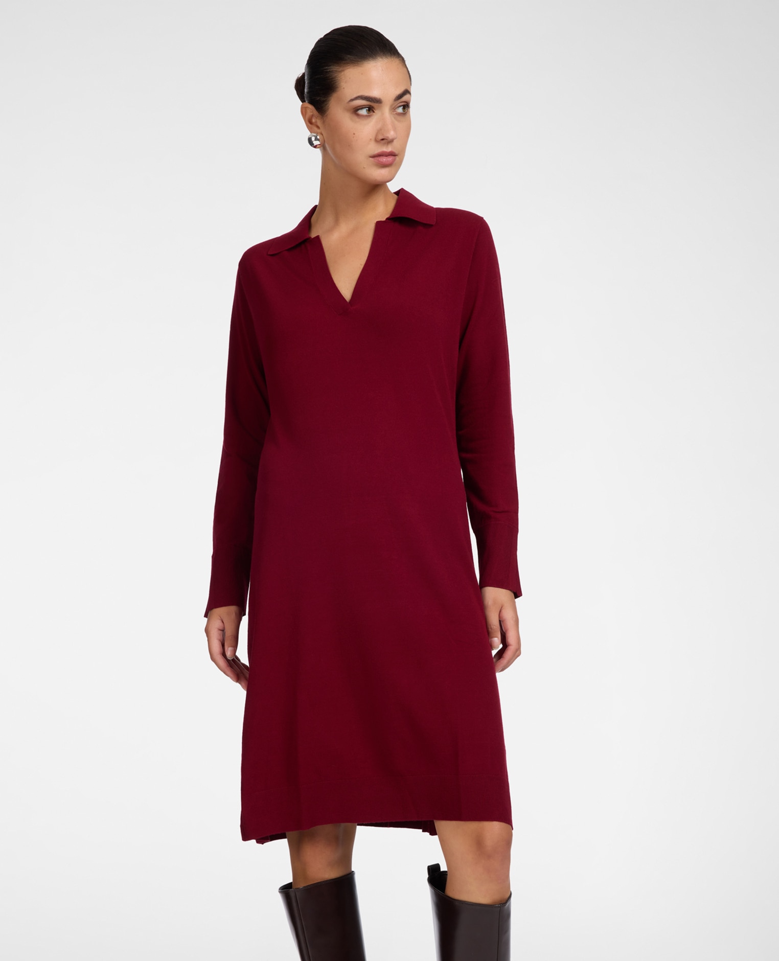 Vestido en hilo de viscosa escote en v con cuello camisero - Elena Miró - Burdeos Burdeos-1