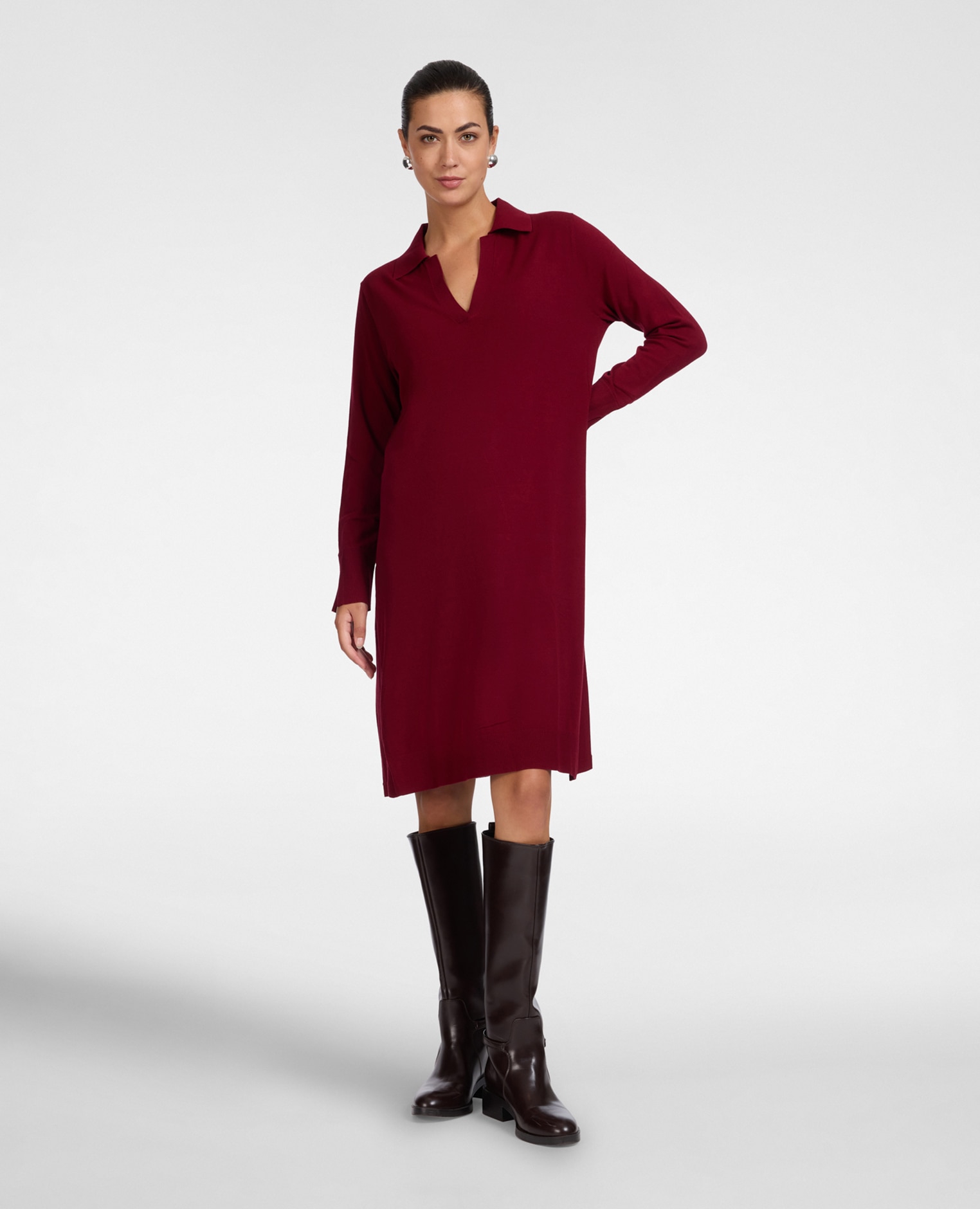 Vestido en hilo de viscosa escote en v con cuello camisero - Elena Miró - Burdeos Burdeos-3