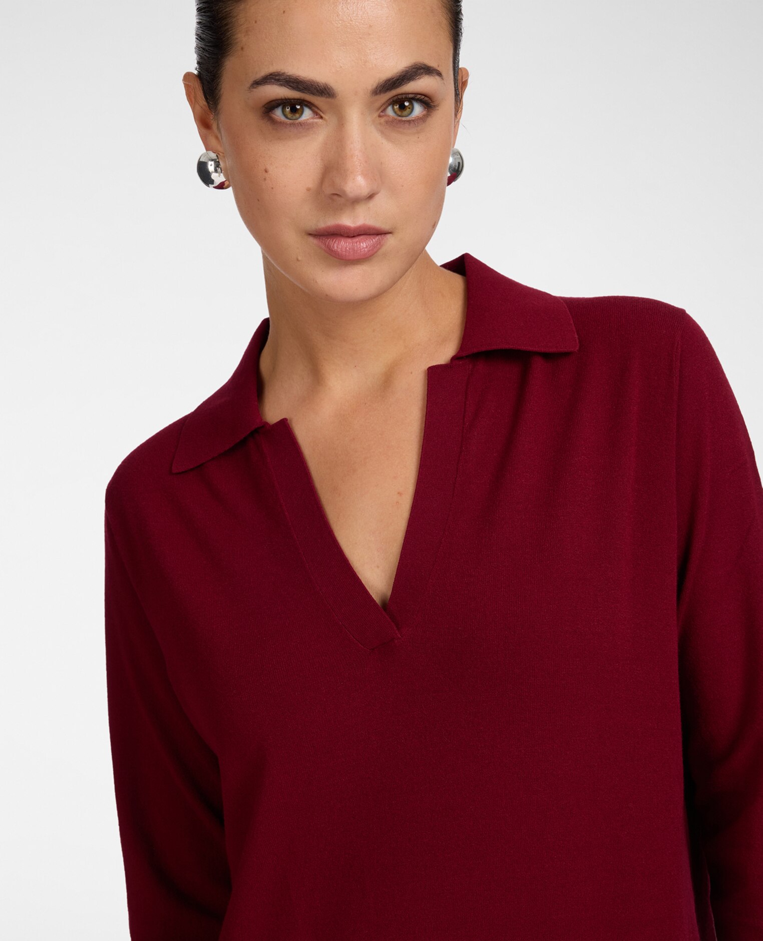 Vestido en hilo de viscosa escote en v con cuello camisero - Elena Miró - Burdeos Burdeos-4
