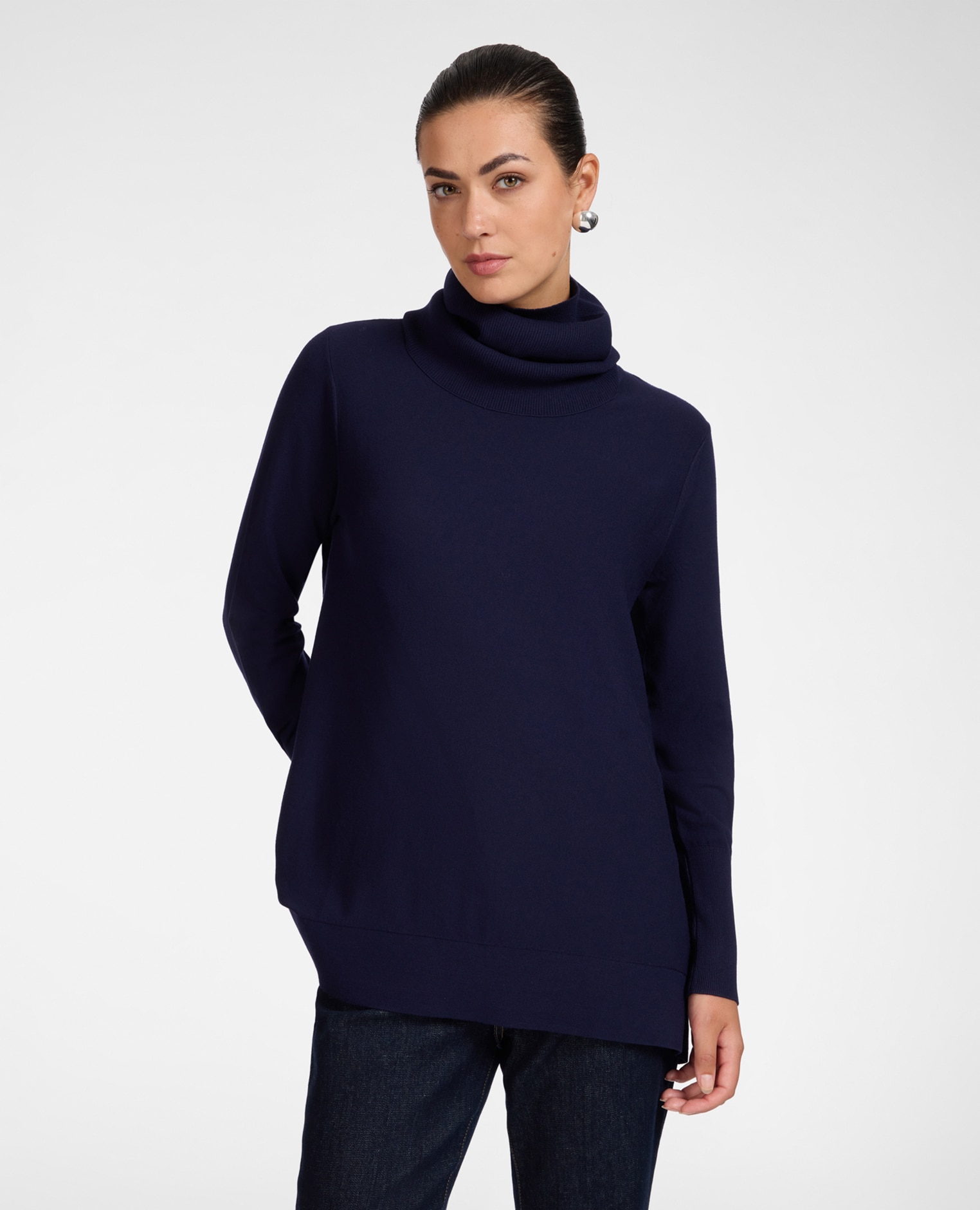 Imagen 0 de Jersey de mujer de cuello alto en viscosa ajuste con línea en a y longitud media Azul