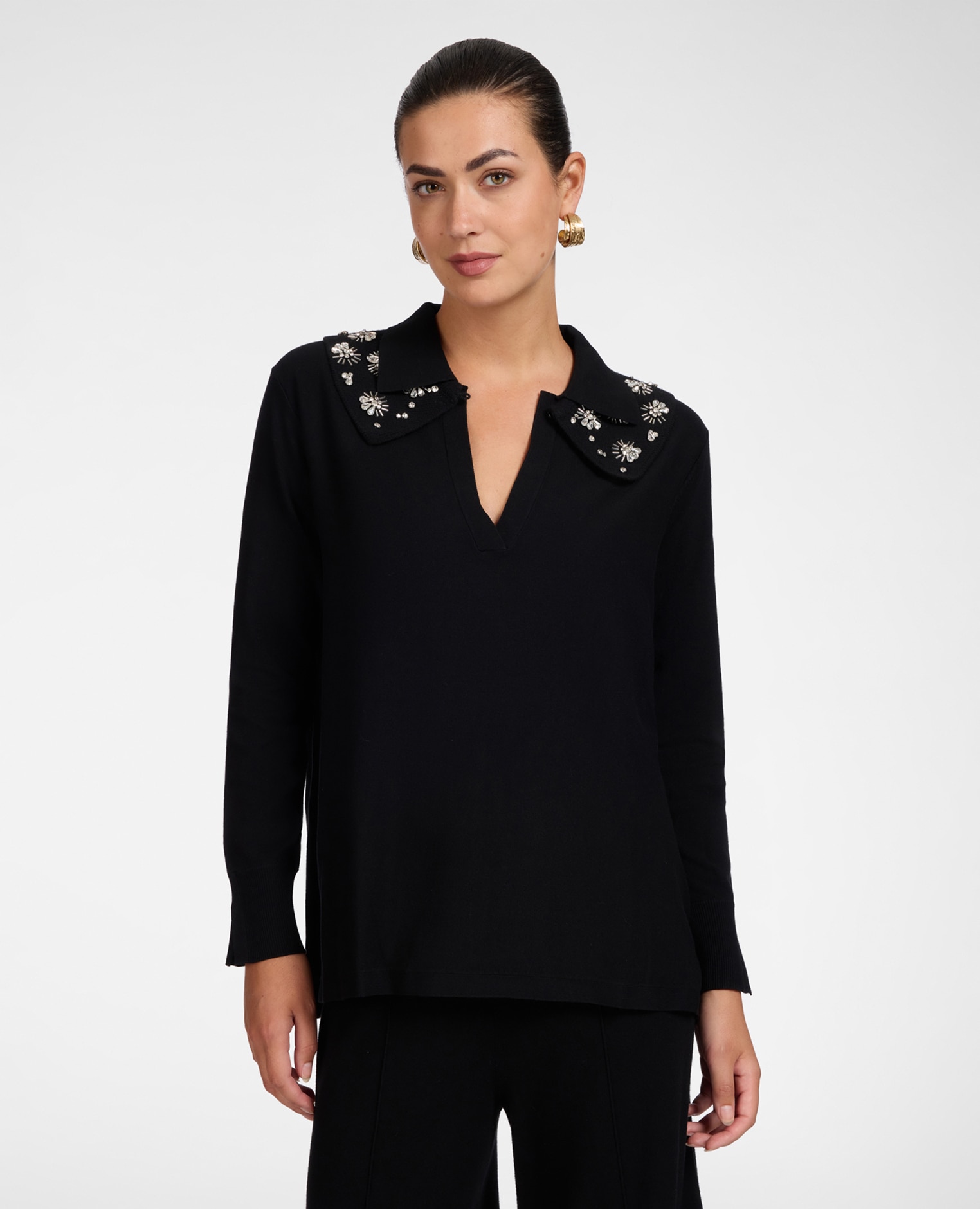 Jersey de mujer de viscosa con cuello modelo de línea en a con largo medio y mangas largas - Elena Miró - Negro Negro-1
