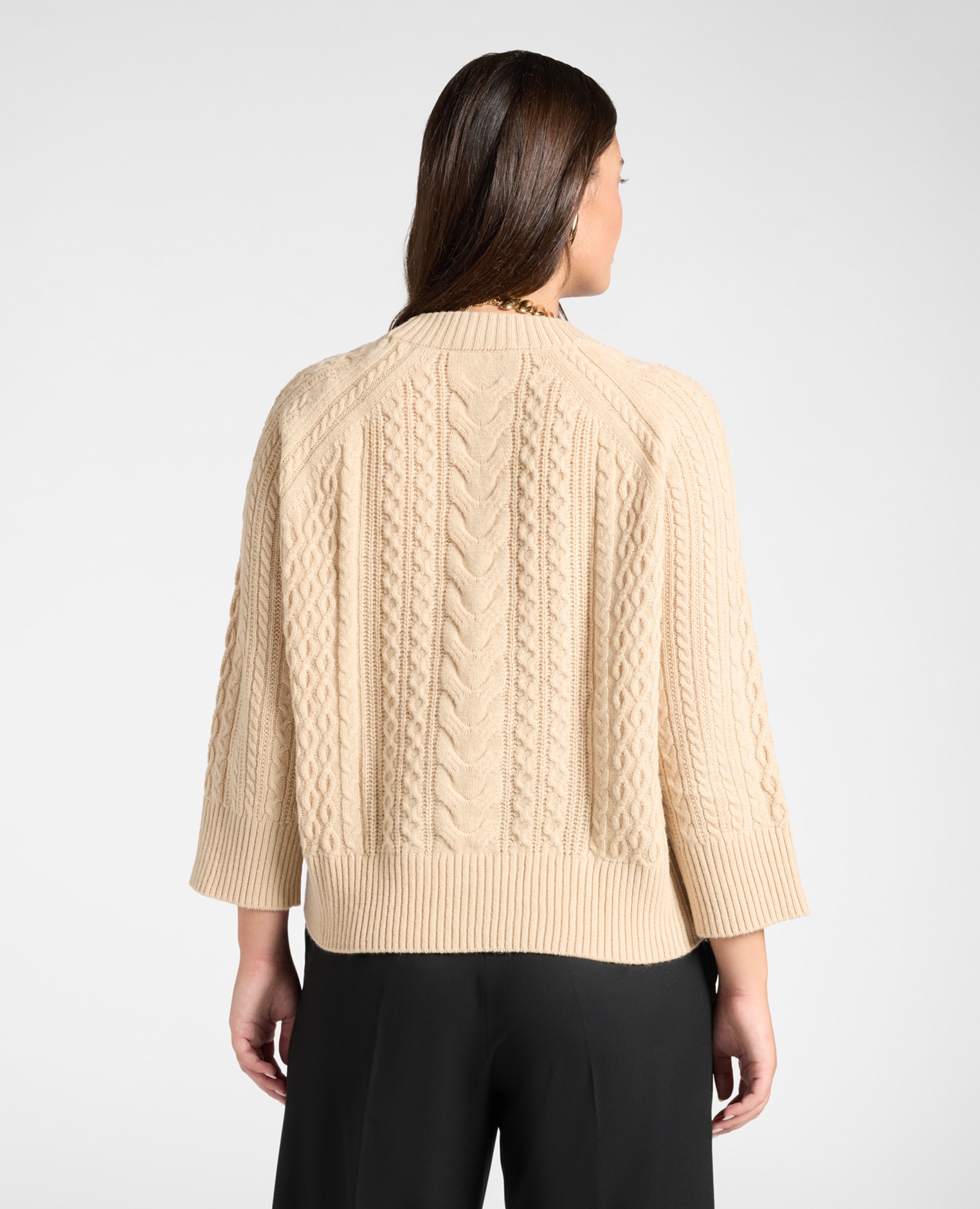 Jersey de mujer de trenzas en pura lana línea en a y longitud media - Elena Miró - Beige Beige-2
