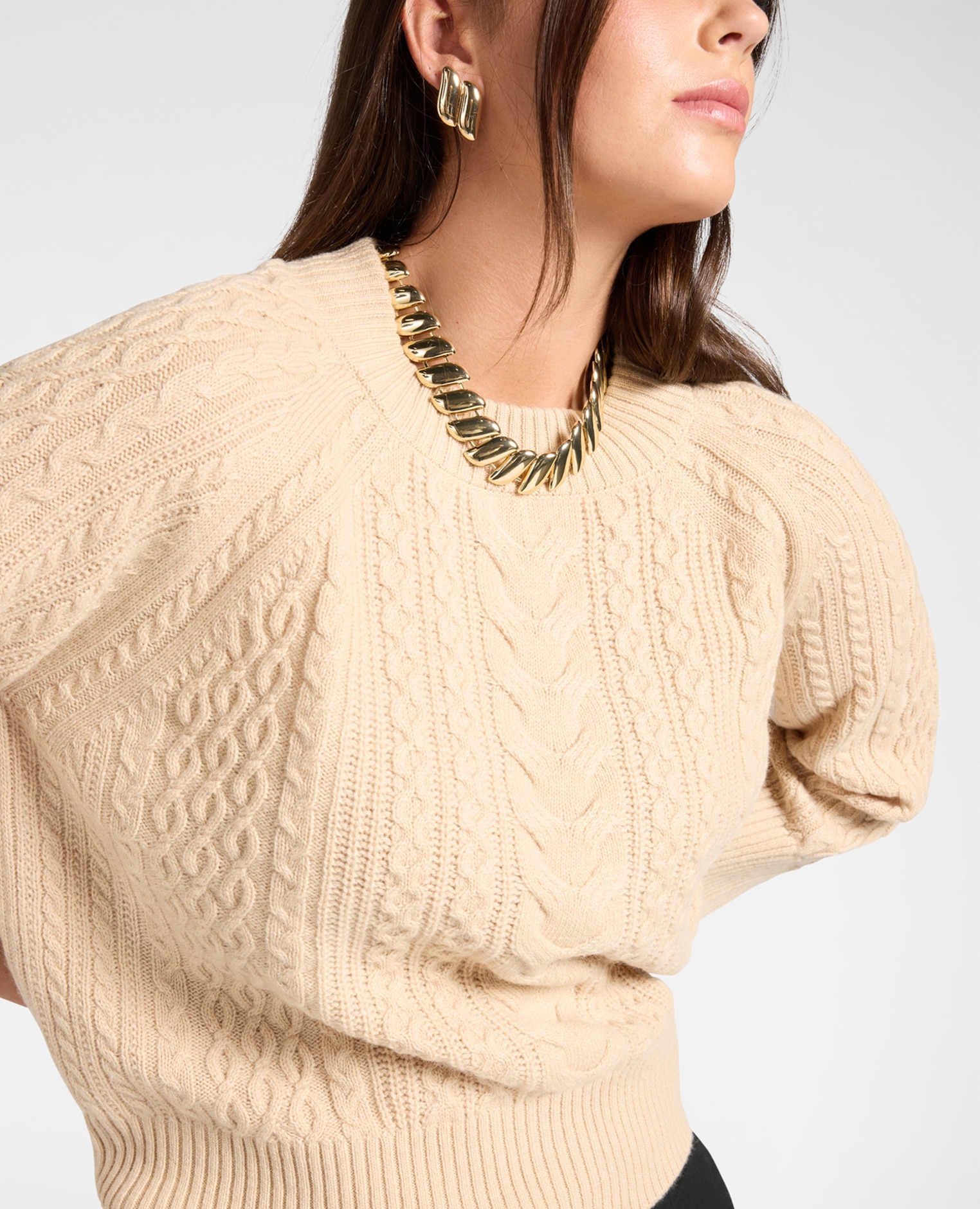 Jersey de mujer de trenzas en pura lana línea en a y longitud media - Elena Miró - Beige Beige-4
