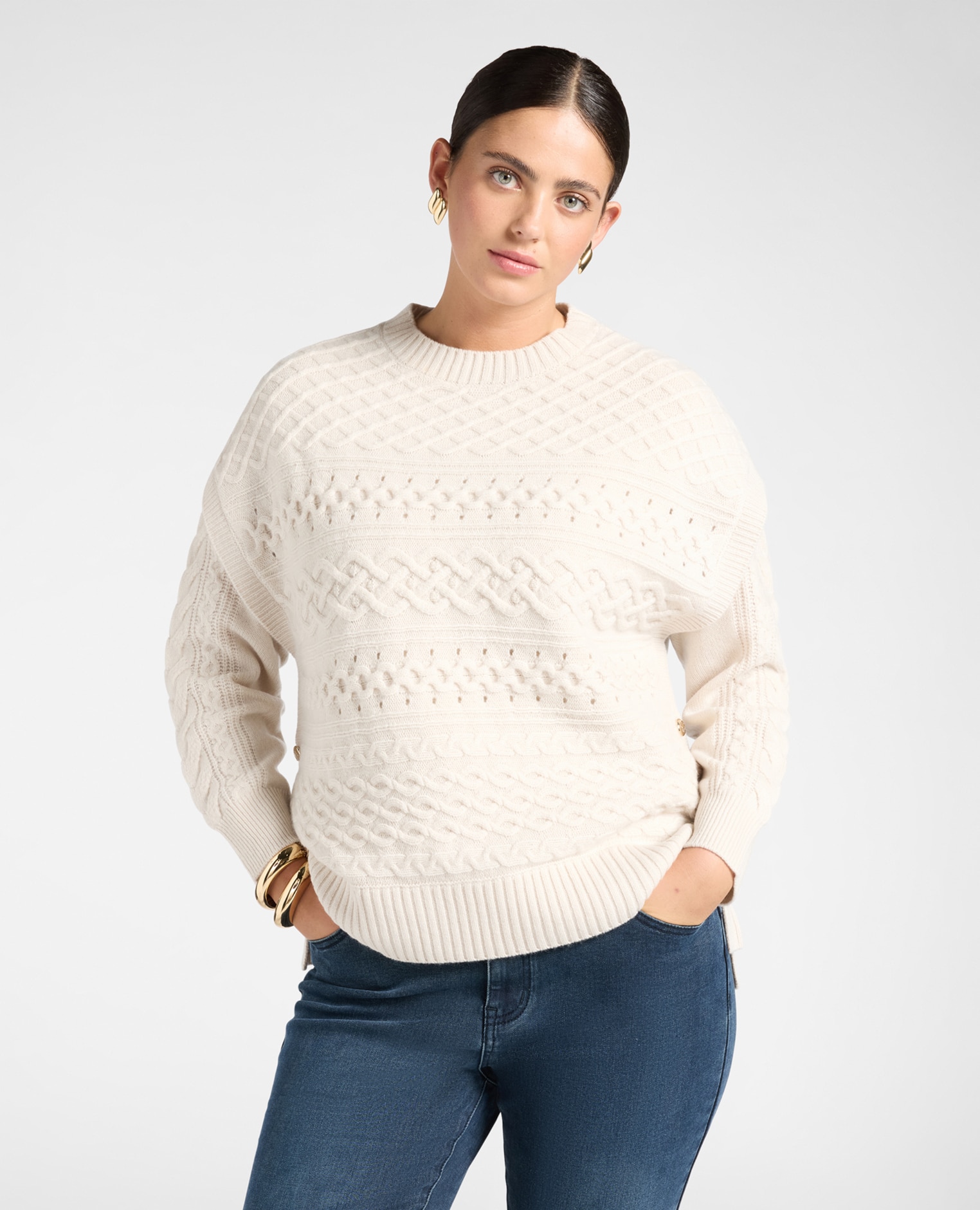 Jersey de mujer de punto trenzado en lana con cuello de pico ajuste regular de largo medio - Elena Miró - Beige Beige-1
