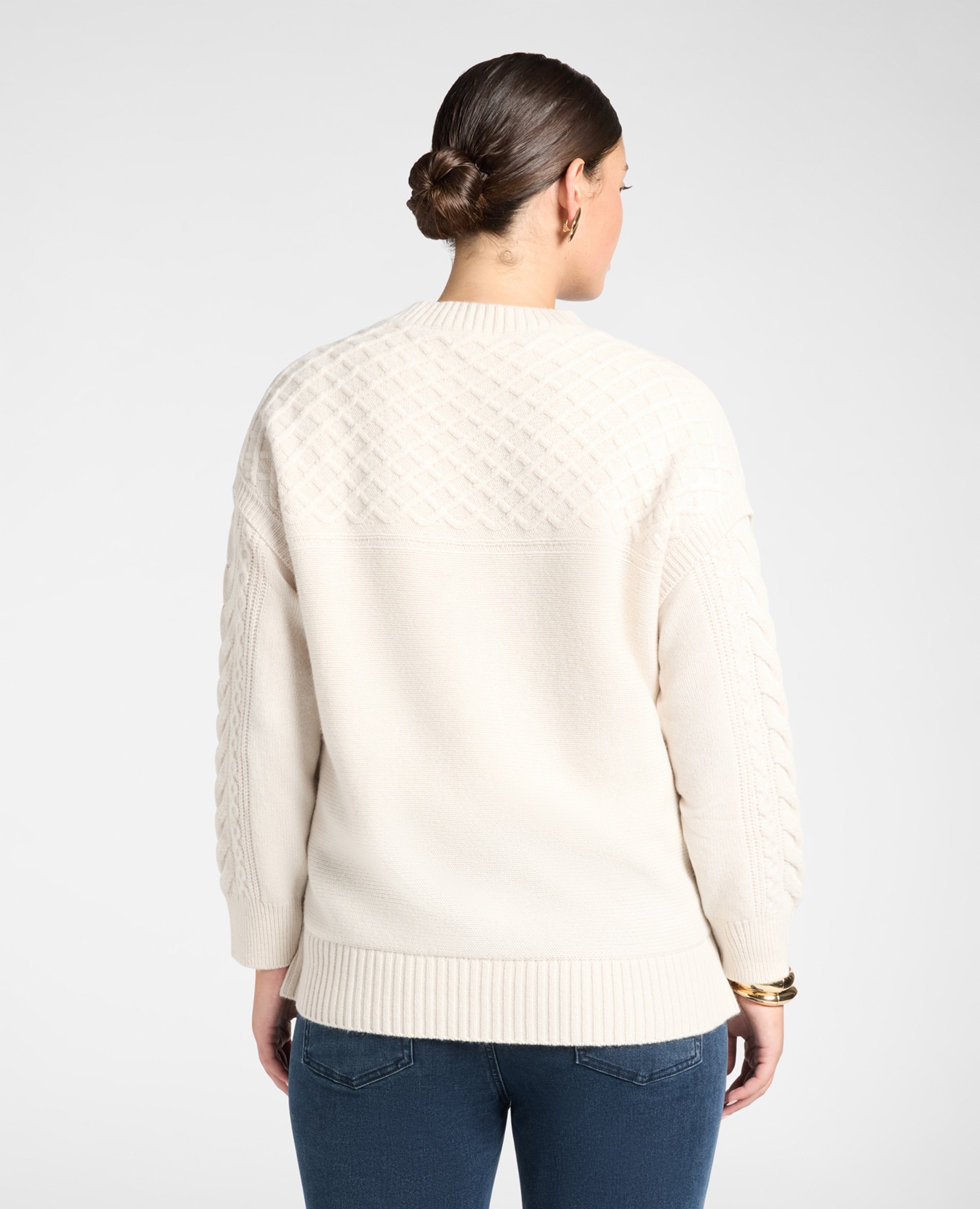 Jersey de mujer de punto trenzado en lana con cuello de pico ajuste regular de largo medio - Elena Miró - Beige Beige-2