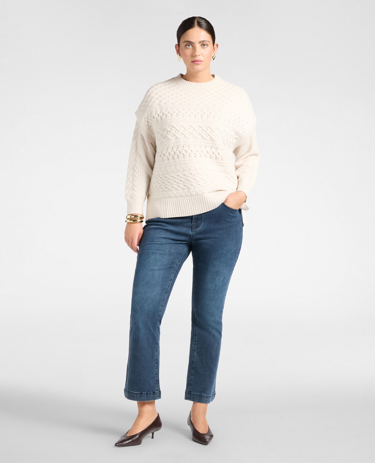 Jersey de mujer de punto trenzado en lana con cuello de pico ajuste regular de largo medio - Elena Miró - Beige Beige-3