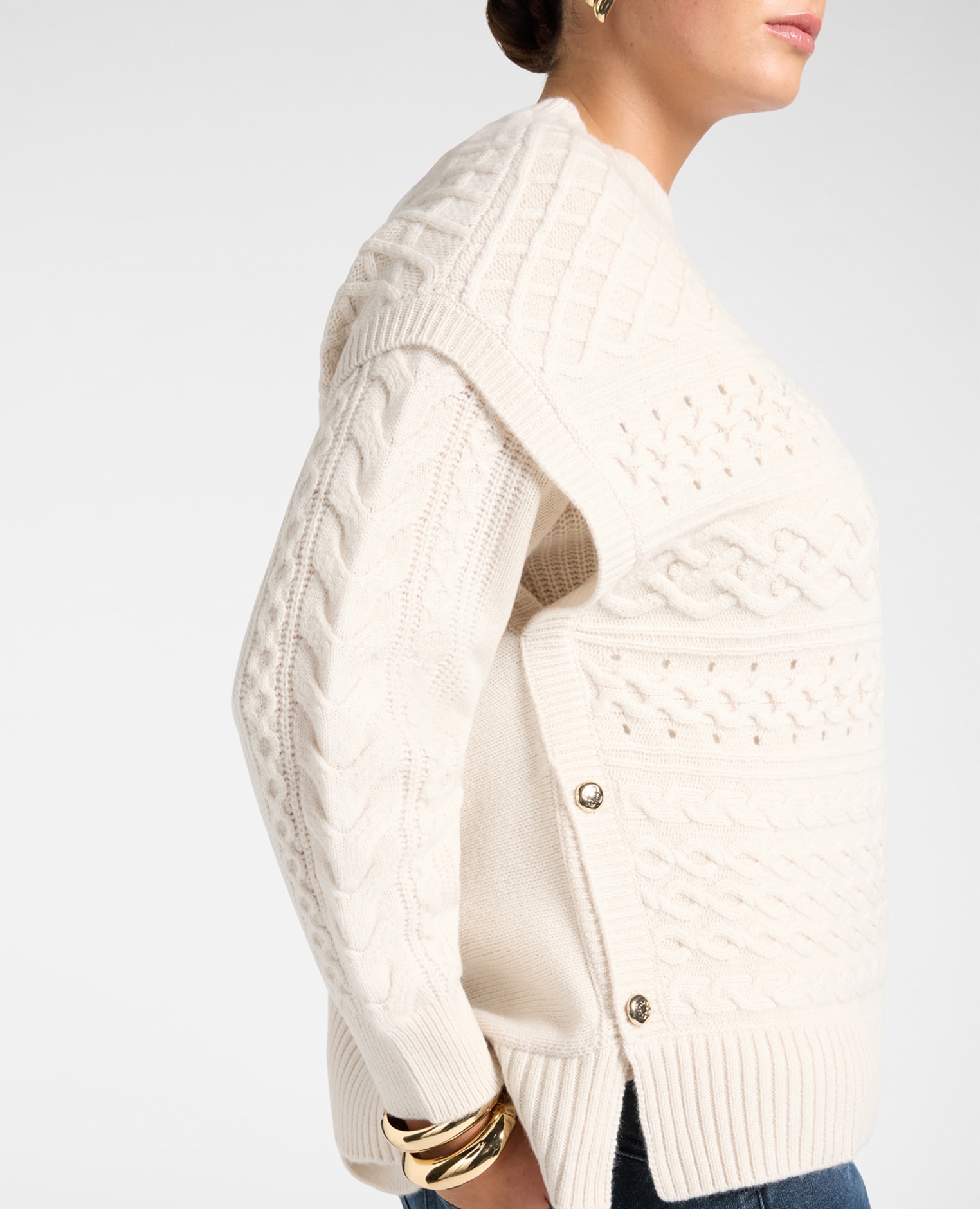 Jersey de mujer de punto trenzado en lana con cuello de pico ajuste regular de largo medio - Elena Miró - Beige Beige-4