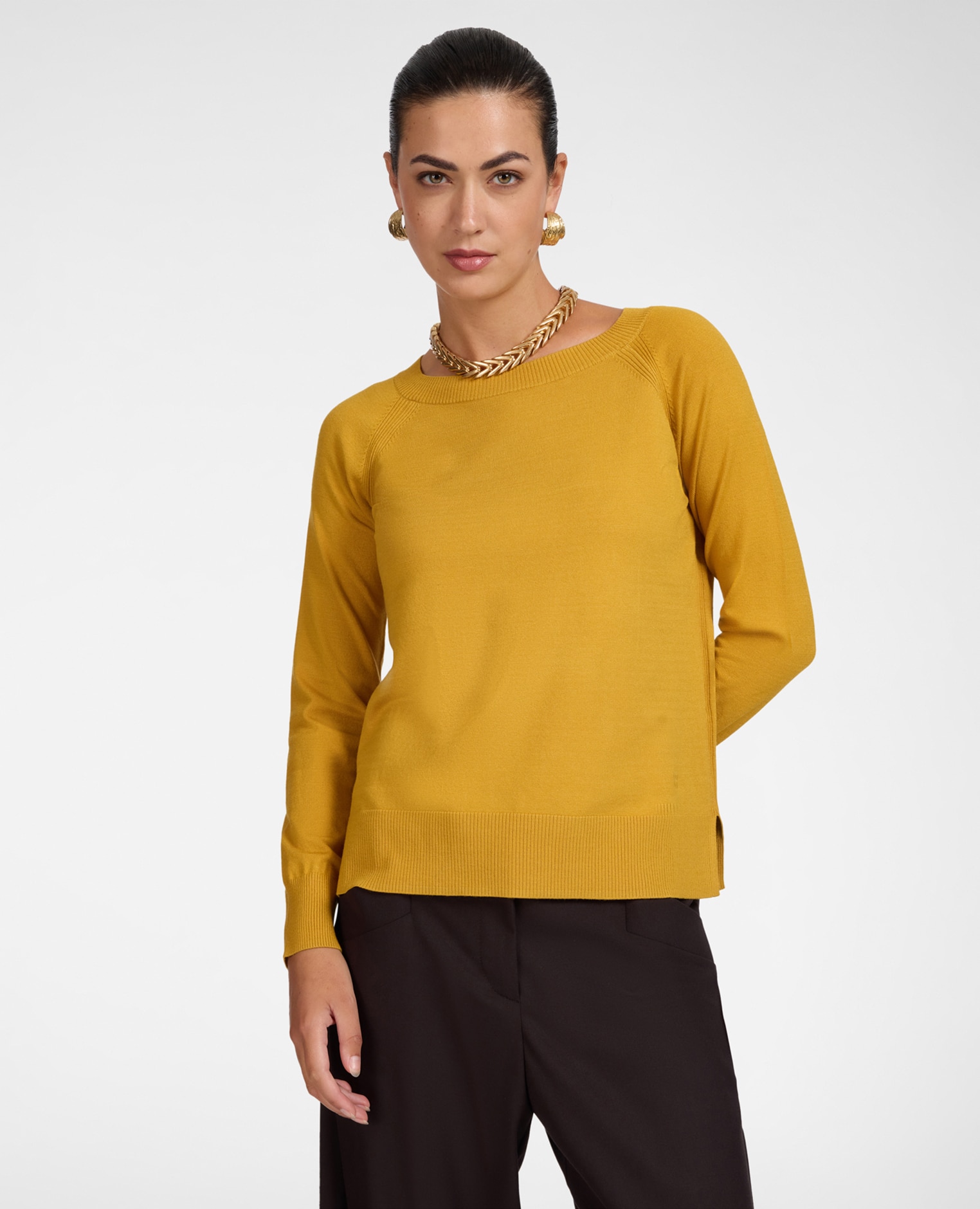 Jersey de mujer de cuello redondo en viscosa ajuste regular y longitud media Amarillo Elena Miró Amarillo-1