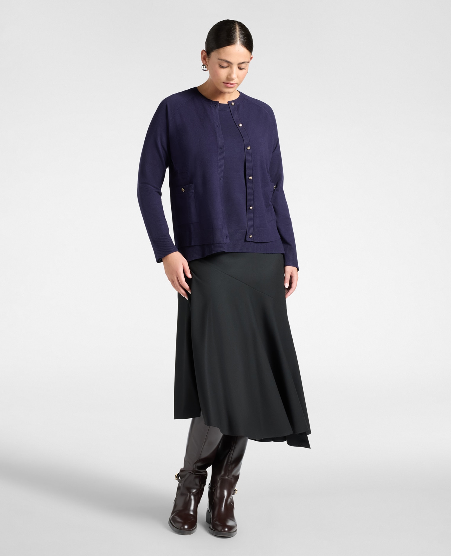 Chaqueta de mujer de punto en viscosa con bolsillos modelo regular con cierre de botones en el frente - Elena Miró - Azul Azul-3