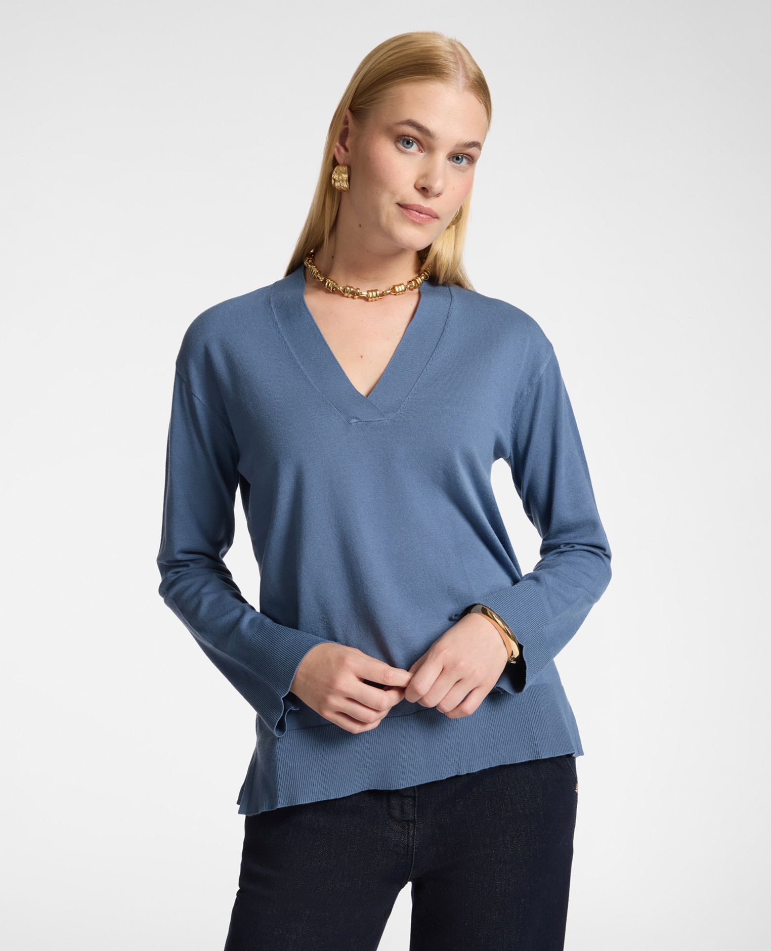 Jersey de mujer de viscosa con escote en v ajuste regular y longitud media - Elena Miró - Azul claro Azul claro-1