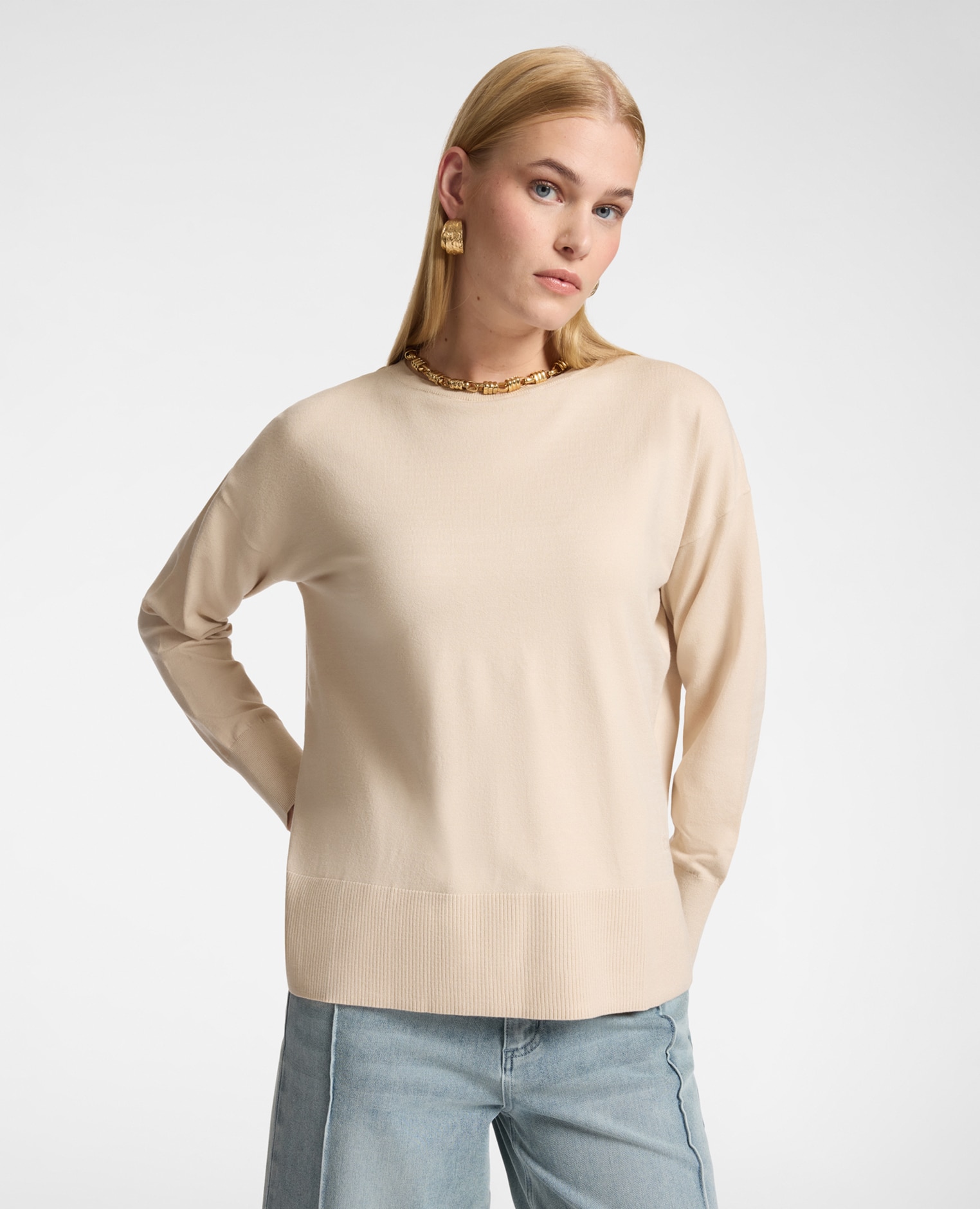 Jersey de mujer de cuello redondo en viscosa ajuste boxy y largo medio - Elena Miró - Beige Beige-1