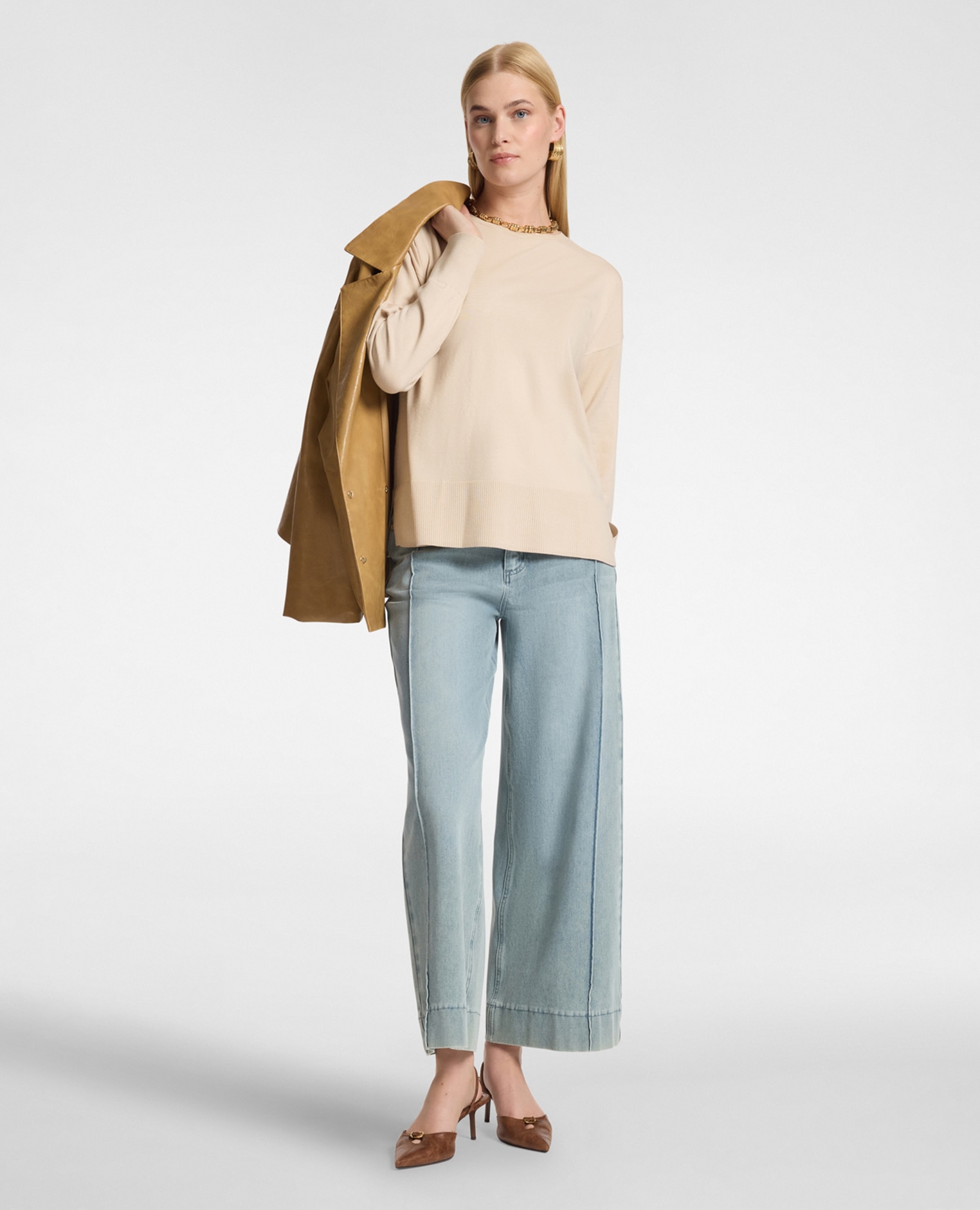 Jersey de mujer de cuello redondo en viscosa ajuste boxy y largo medio - Elena Miró - Beige Beige-3
