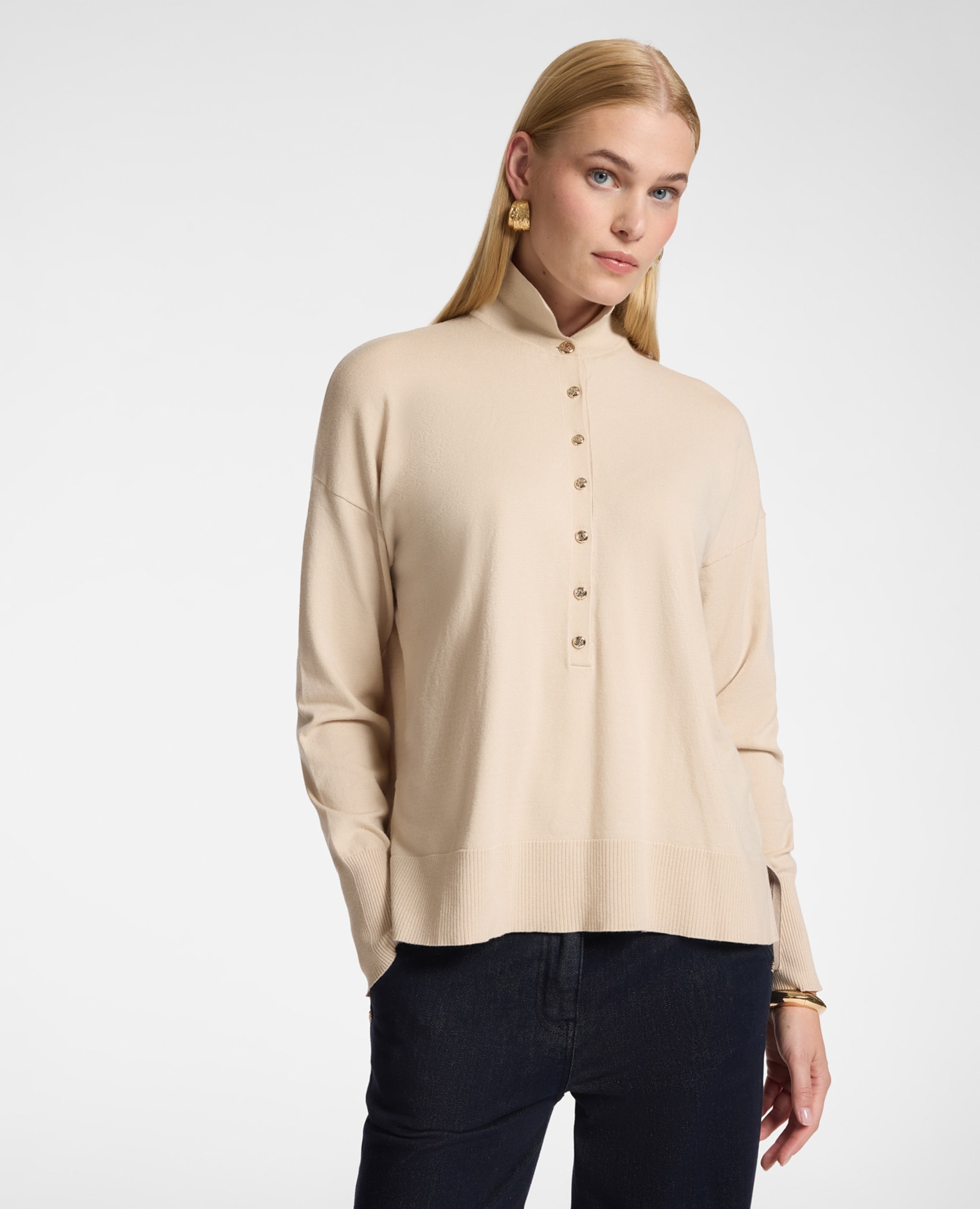 Jersey de mujer polo de viscosa con botones joya modelo boxy de longitud media con cierre de botones en el frente - Elena Miró - Beige Beige-1