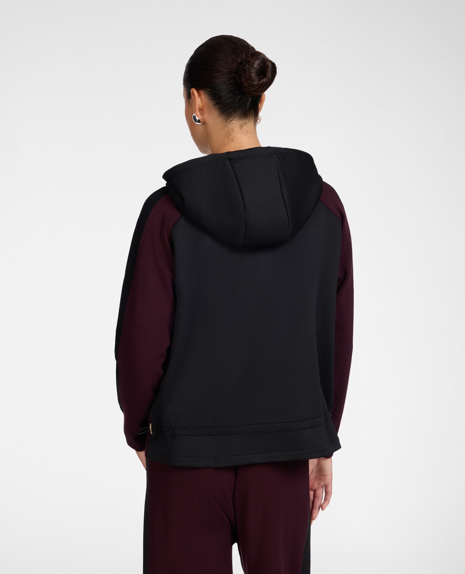 Chaqueta de mujer de punto con capucha cremallera y bandas en contraste ajuste regular largo medio - Elena Miró - Burdeos Burdeos-2