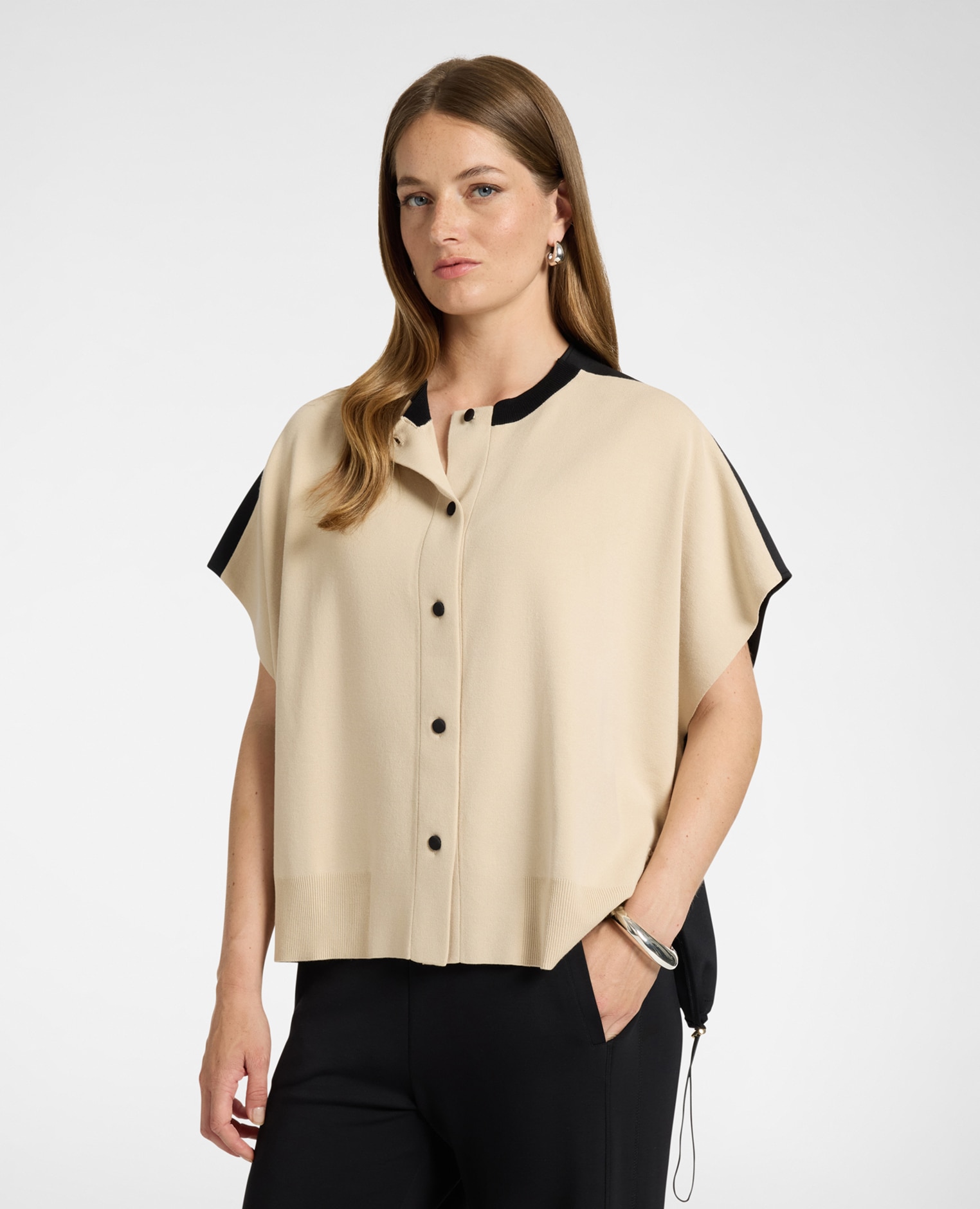 Cárdigan de mujer boxy bicolor ajuste oversize largo medio - Elena Miró - Beige Beige-1