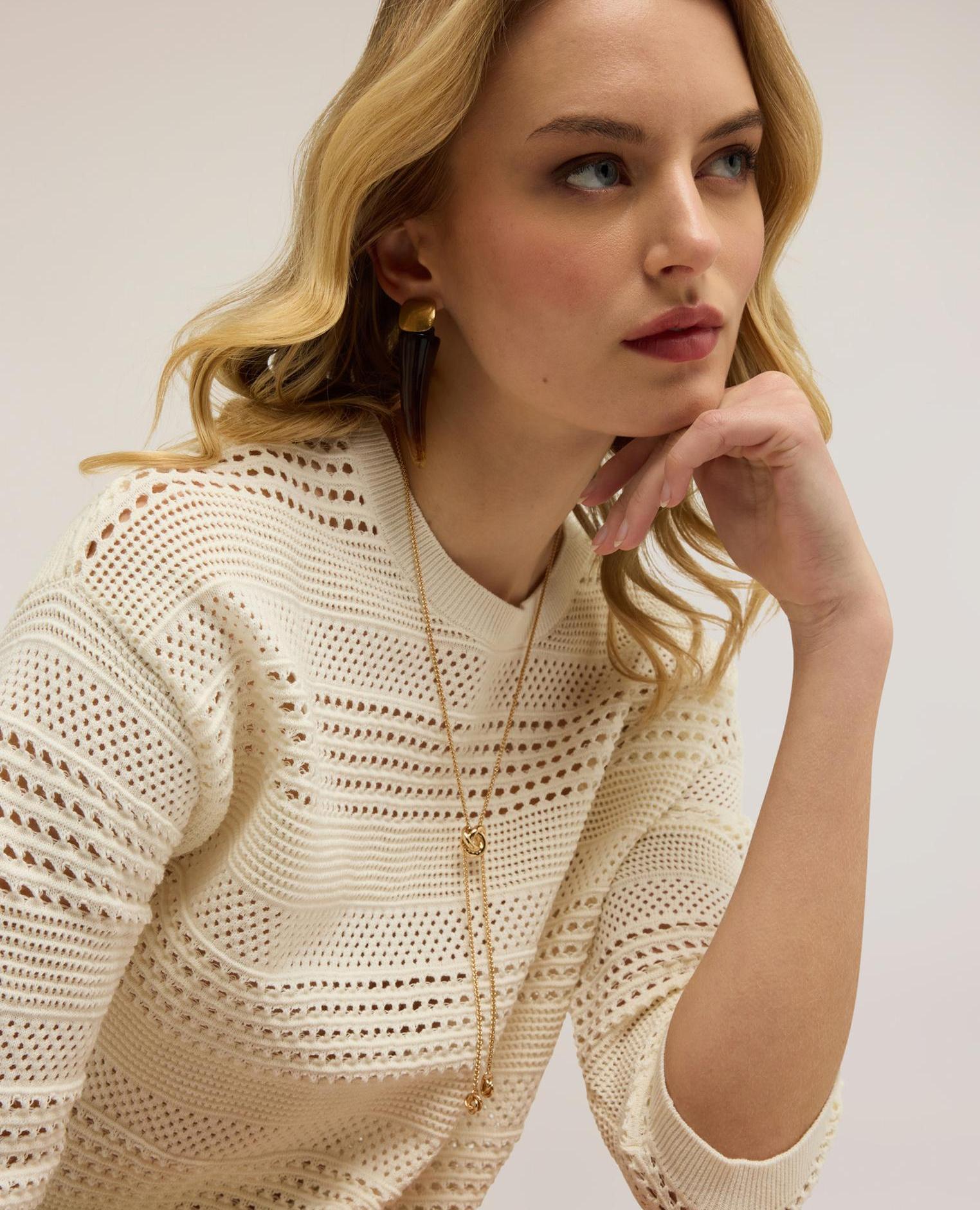 Jersey de mujer calado en mezcla de viscosa modelo corto con ajuste oversize y cuello redondo - Motivi - Blanco Blanco-4