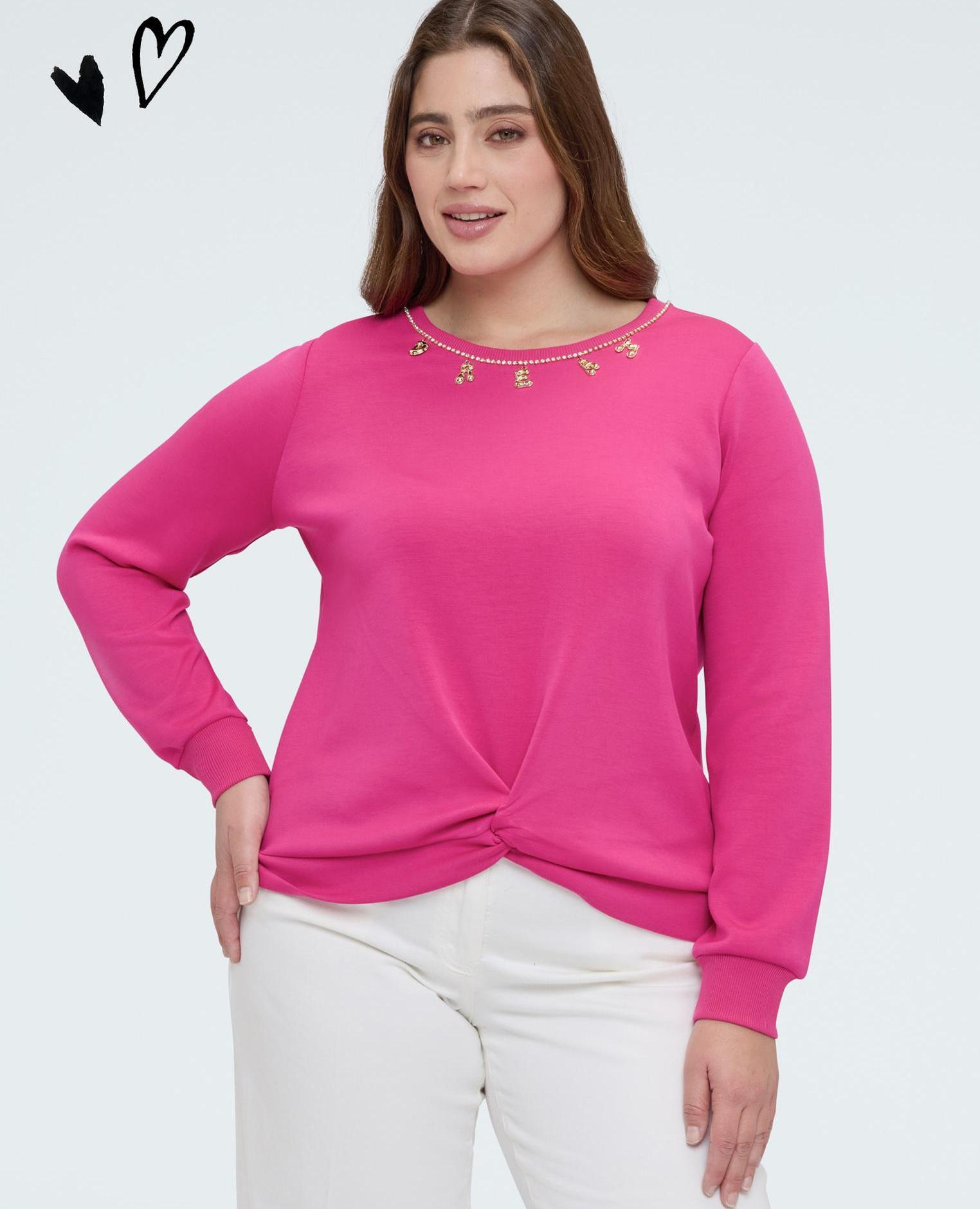 Sudadera de mujer con detalle de nudo y lettering dream cuello redondo con aplicación de letras - Fiorella Rubino - Fucsia Fucsia-3