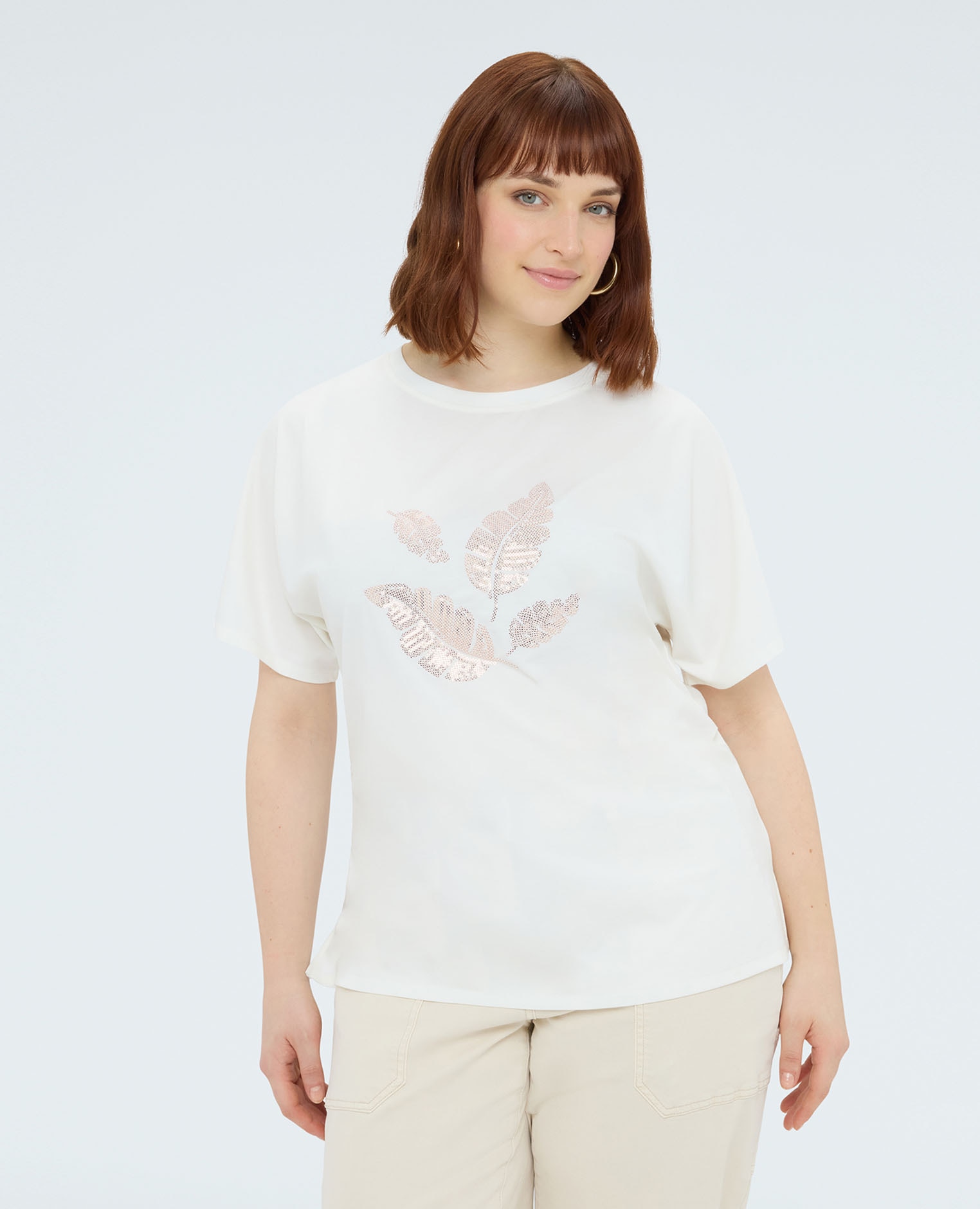 Camiseta de mujer de jersey con follaje de lentejuelas aplicaciones decorativas con motivo de hojas en la parte delantera - Fiorella Rubino - Blanco Blanco-1