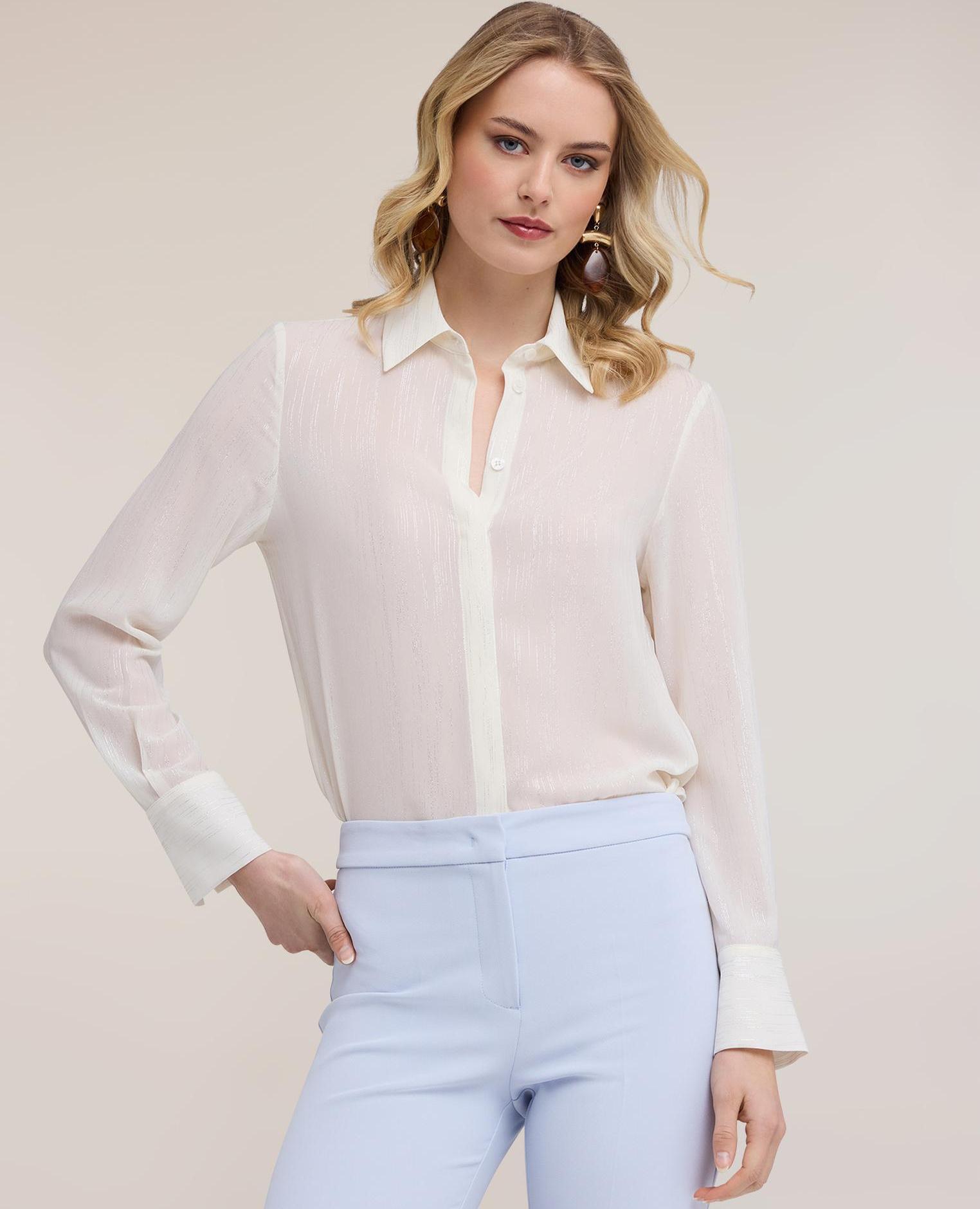 Camisa de mujer de gasa fil coupé cuello clásico con cierre frontal inglés - Motivi - Blanco Blanco-1