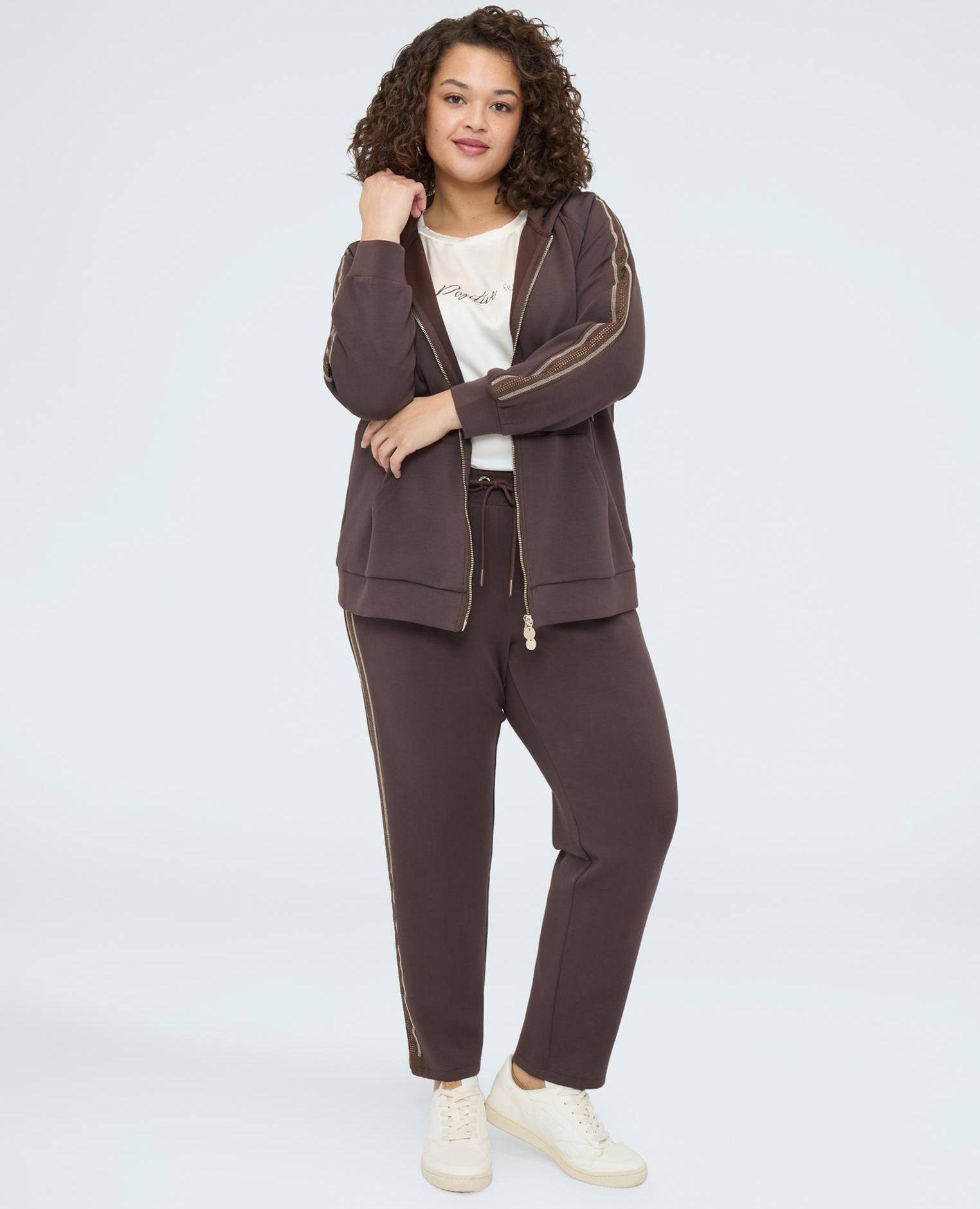 Sudadera de mujer con capucha y bandas hotfix bandas decorativas con aplicaciones hotfix a lo largo de las mangas - Fiorella Rubino - Marrón Marrón-3