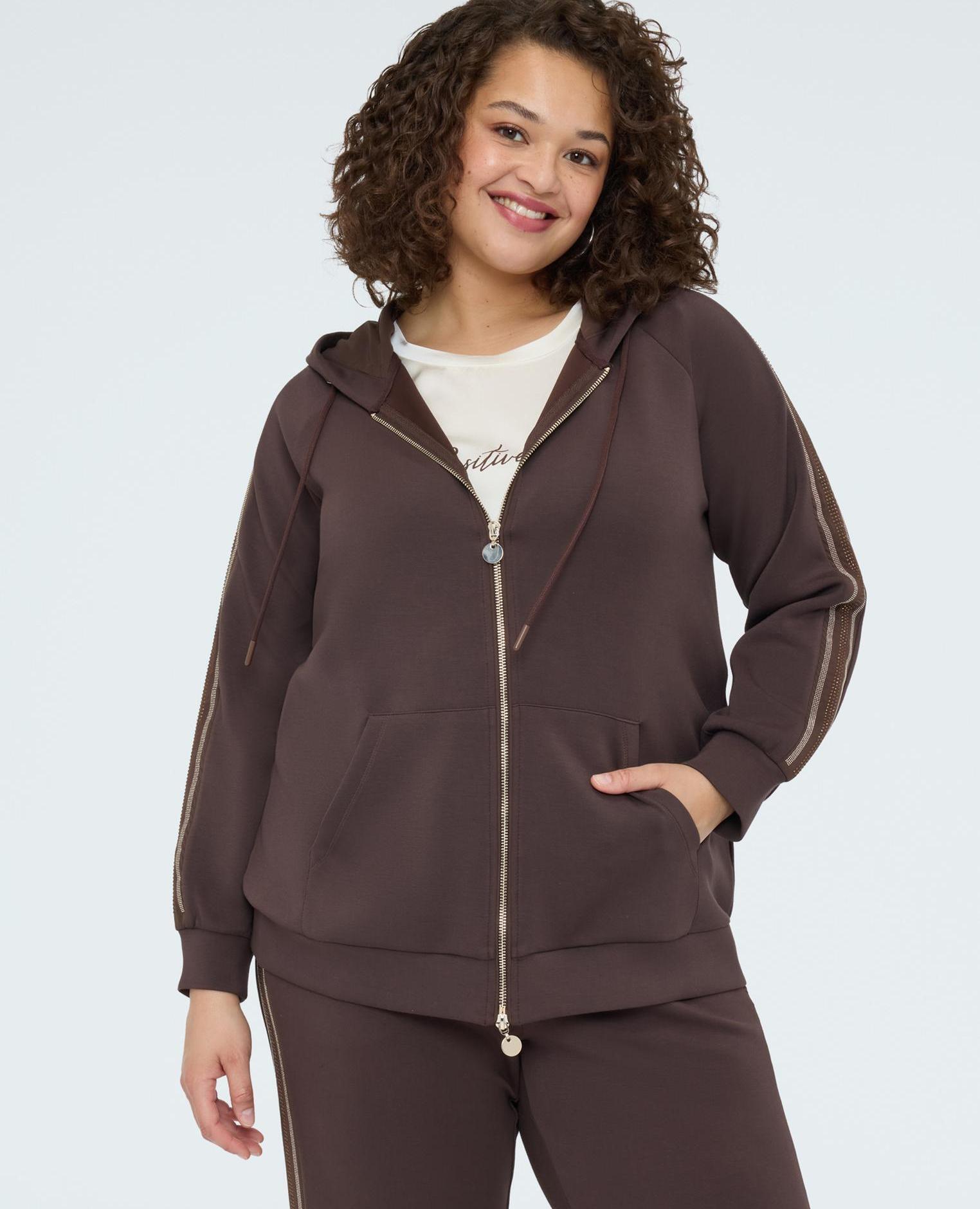 Fiorella Rubino - Sudadera de mujer con capucha y bandas hotfix bandas decorativas con aplicaciones hotfix a lo largo de las mangas.