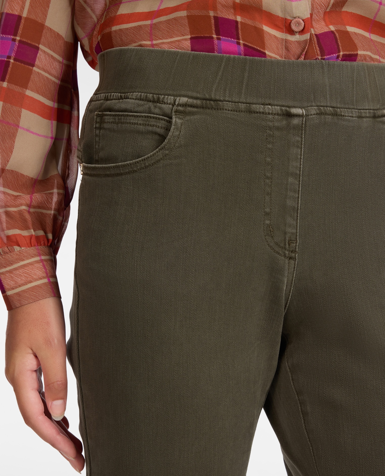 Pantalones de mujer slim en drill mezcla de algodón ajuste skinny cierre con banda elástica en la cintura - Elena Miró - Verde militar Verde militar-4