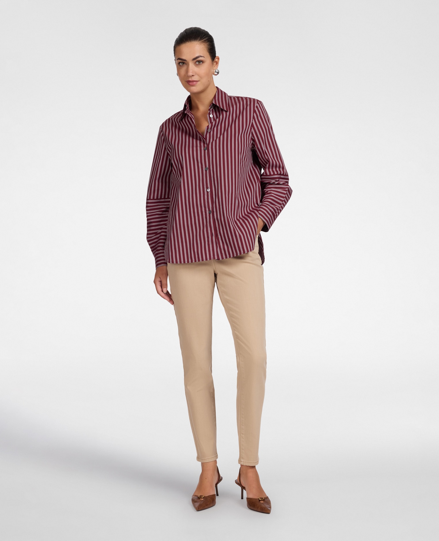 Pantalones de mujer slim en drill mezcla de algodón ajuste skinny cierre con banda elástica en la cintura - Elena Miró - Beige Beige-1