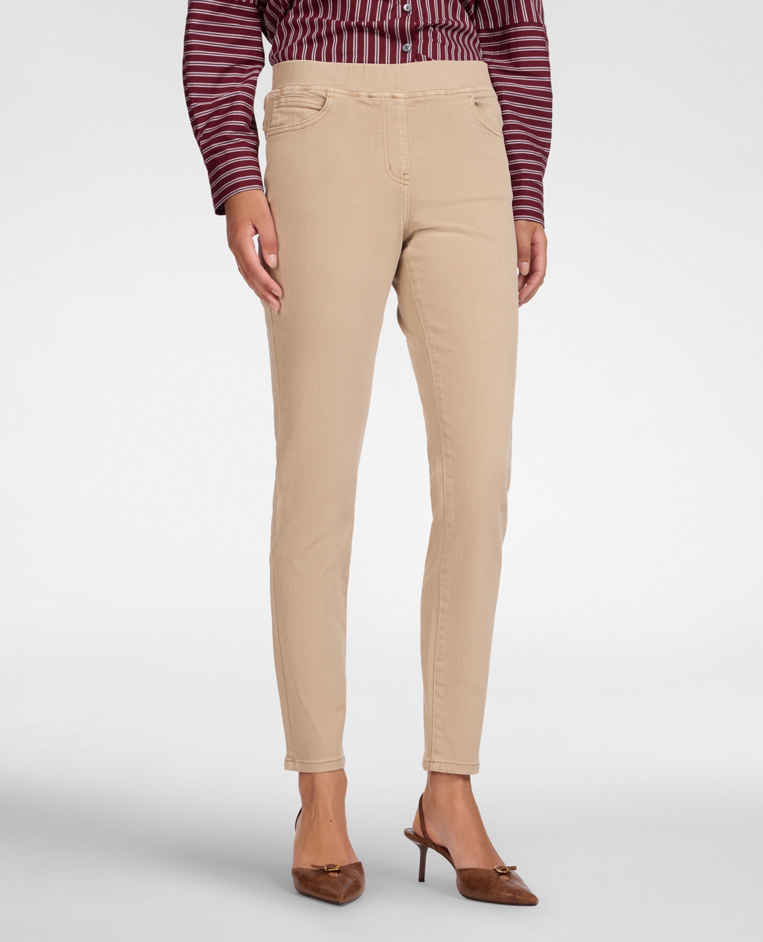 Pantalones de mujer slim en drill mezcla de algodón ajuste skinny cierre con banda elástica en la cintura - Elena Miró - Beige Beige-3