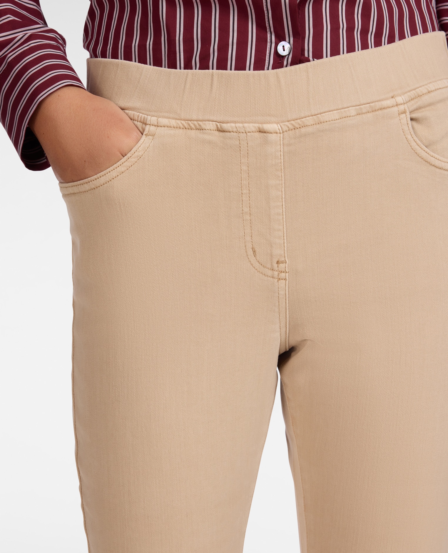 Pantalones de mujer slim en drill mezcla de algodón ajuste skinny cierre con banda elástica en la cintura - Elena Miró - Beige Beige-4