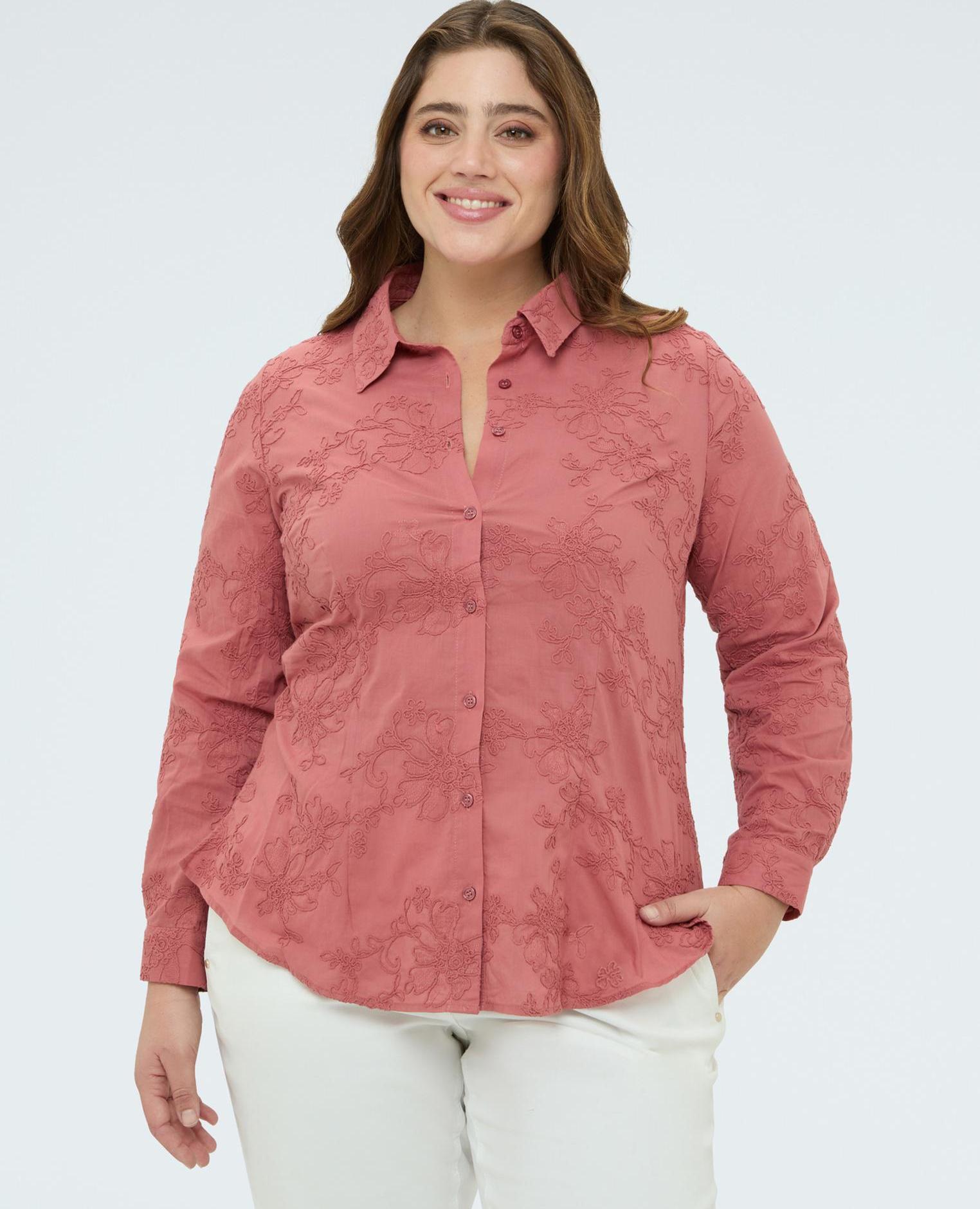 Fiorella Rubino - Camisa de mujer con bordados florales tono sobre tono en tejido popelín.