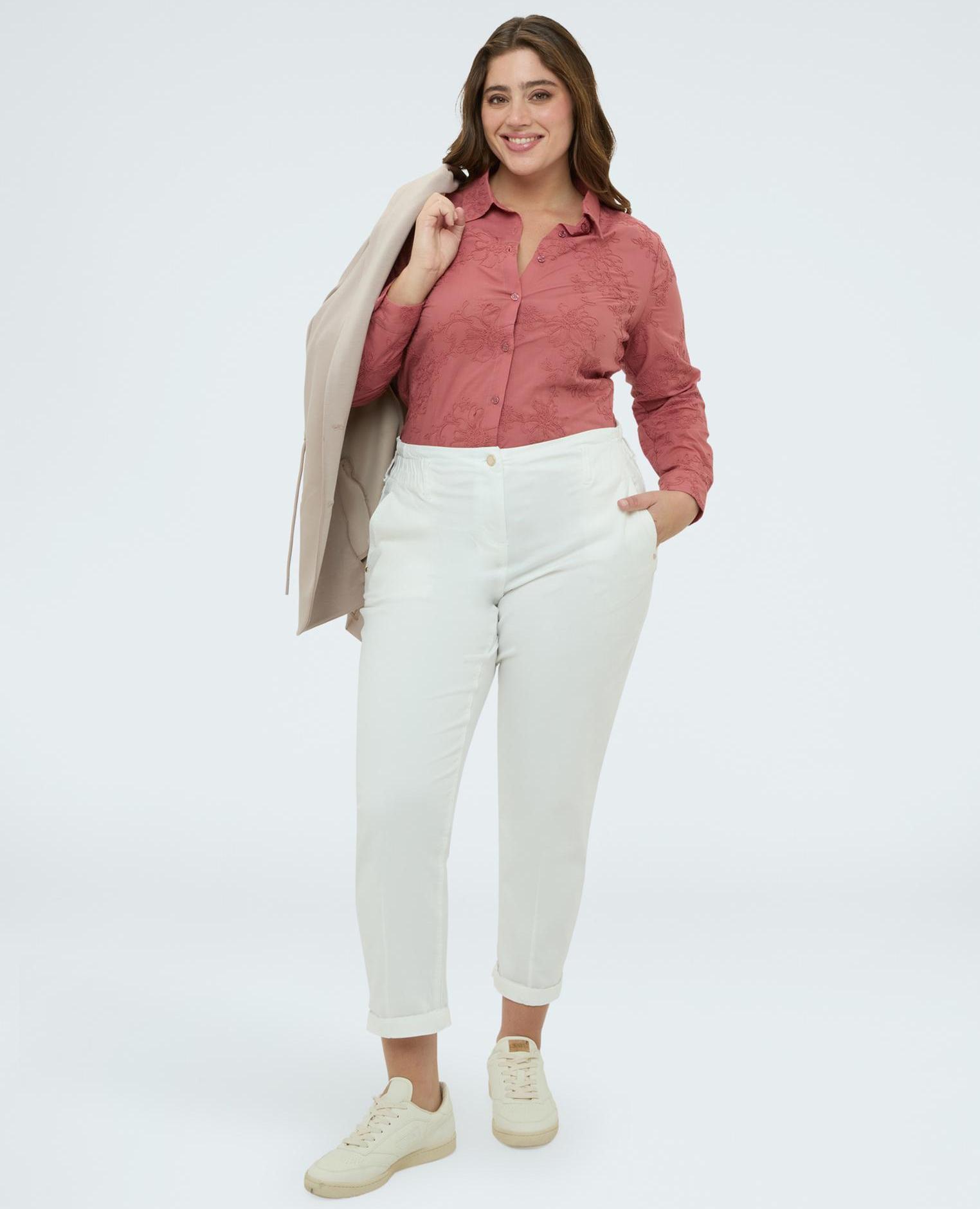 Camisa de mujer con bordados florales tono sobre tono en tejido popelín - Fiorella Rubino - Rosa Rosa-3