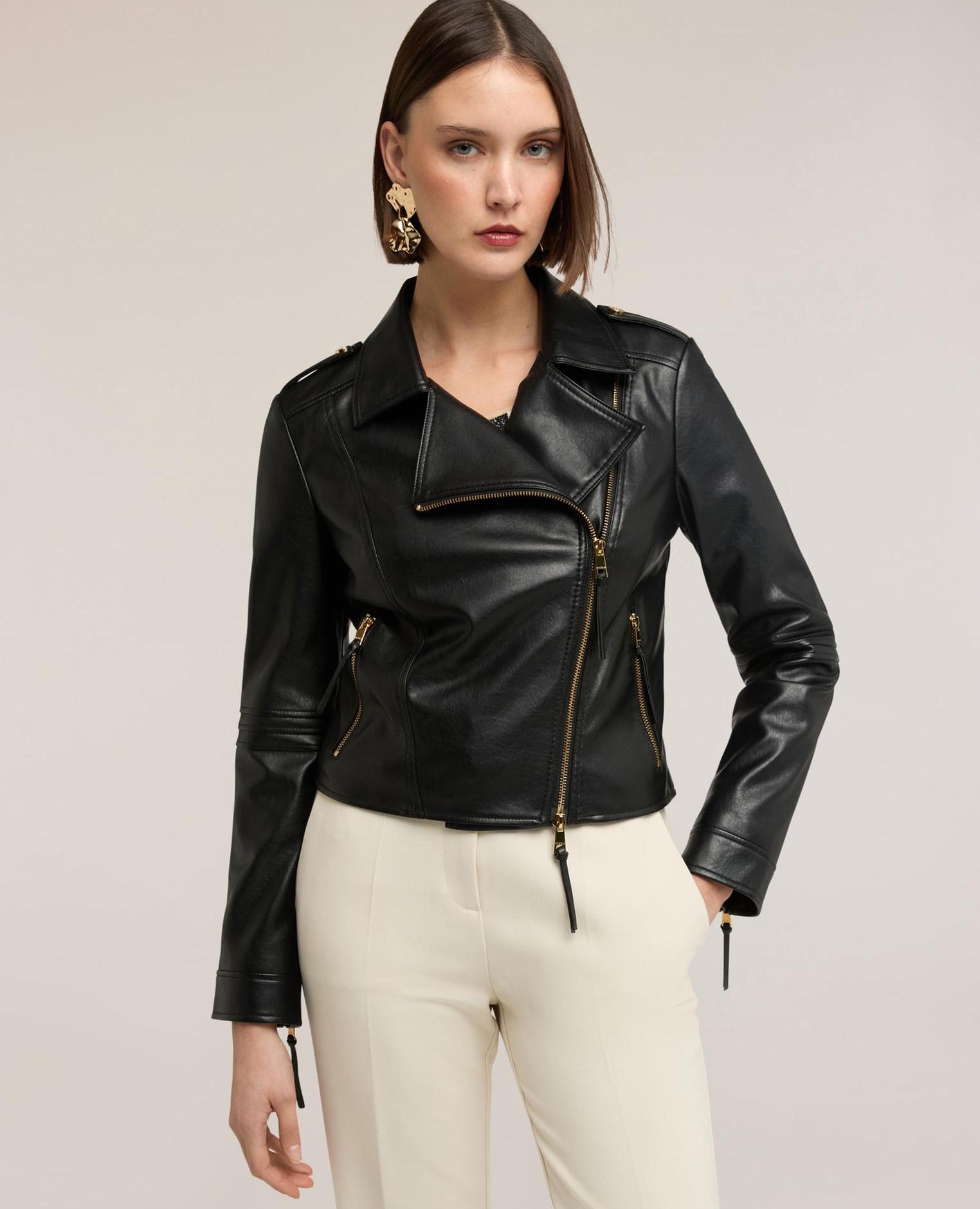 Motivi - Chaqueta de mujer de cuero con cremalleras doradas solapas de pico.