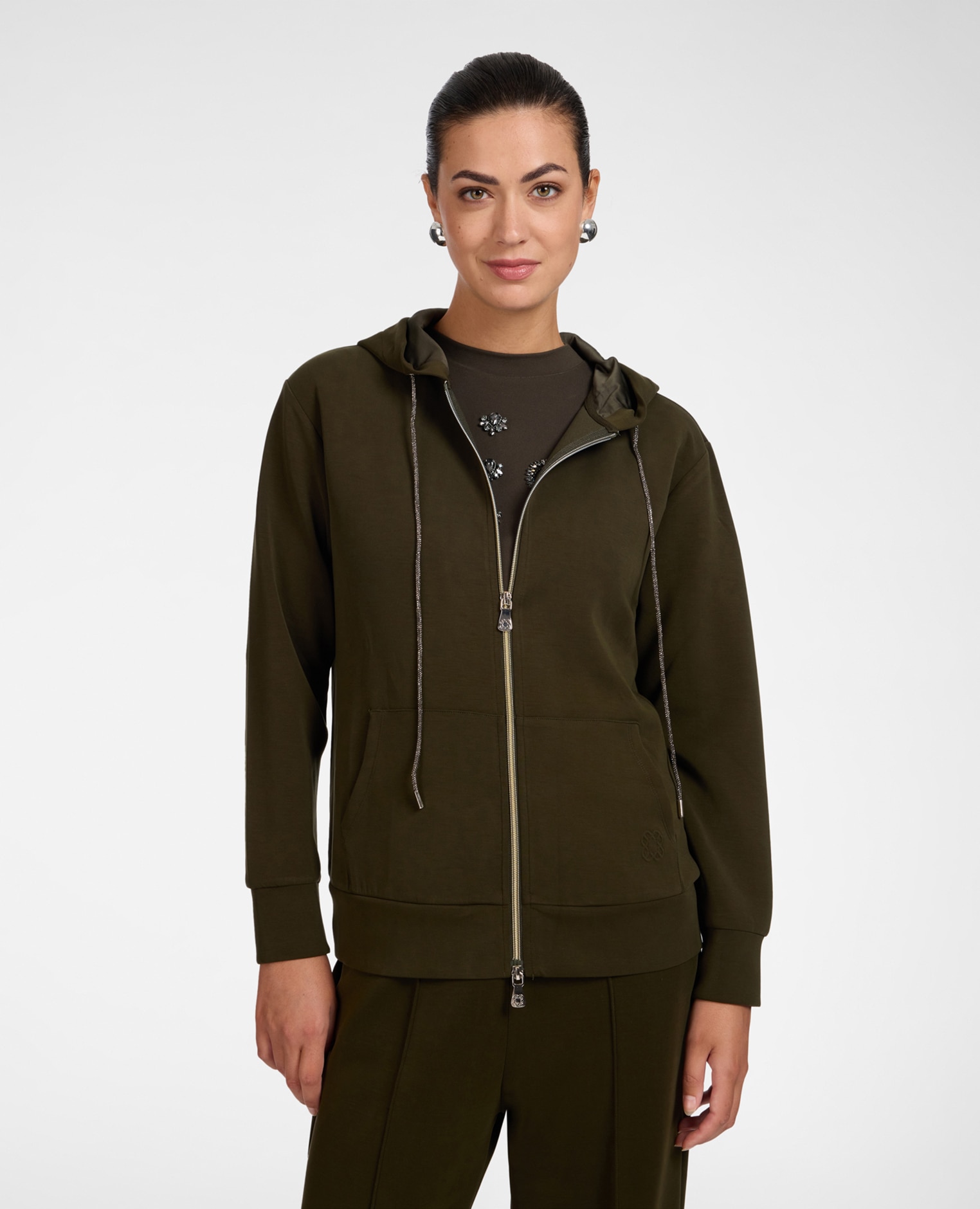 Sudadera de mujer con capucha mezcla modal ajuste regular con cierre frontal de cremallera - Elena Miró - Verde militar Verde militar-1
