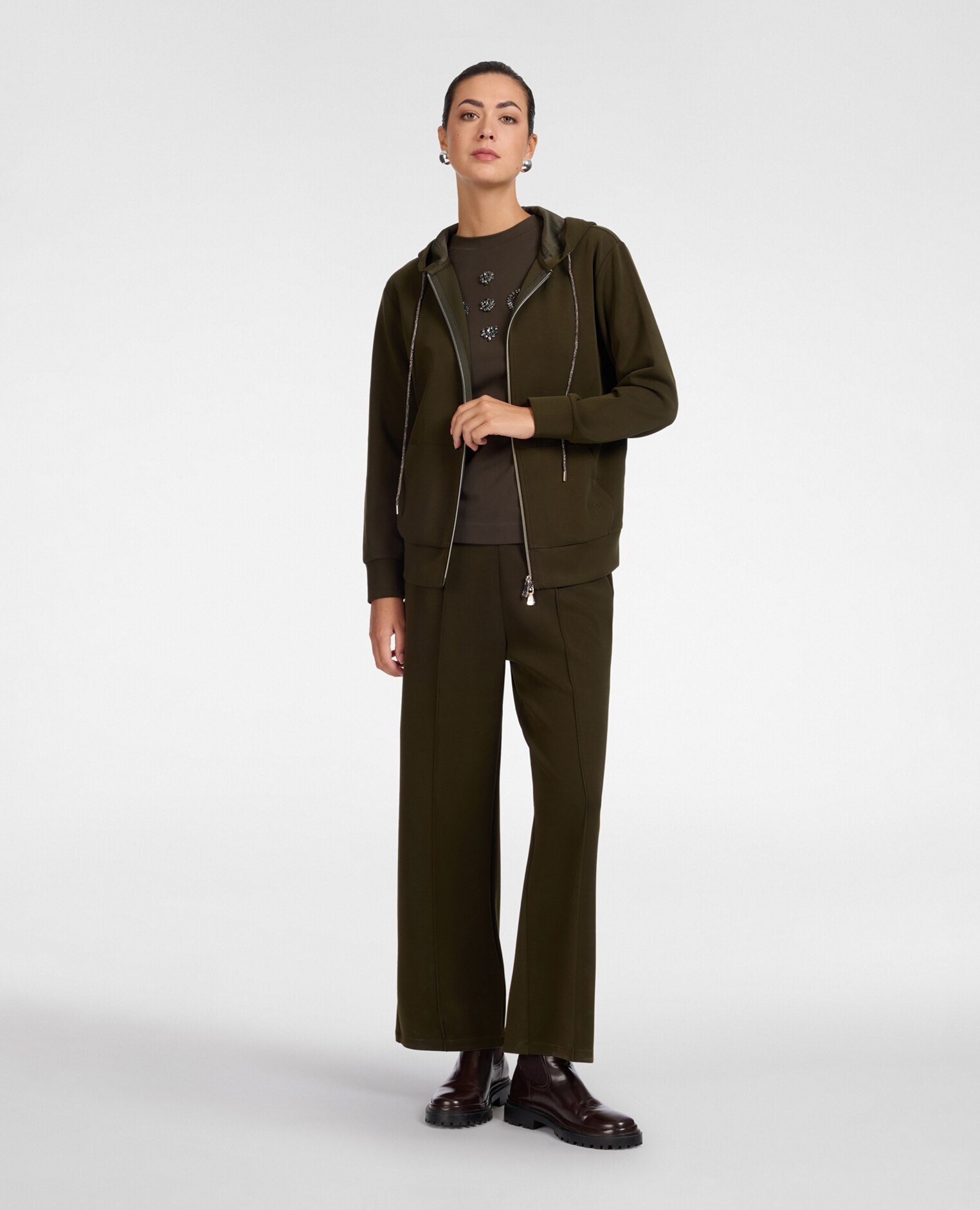 Sudadera de mujer con capucha mezcla modal ajuste regular con cierre frontal de cremallera - Elena Miró - Verde militar Verde militar-3