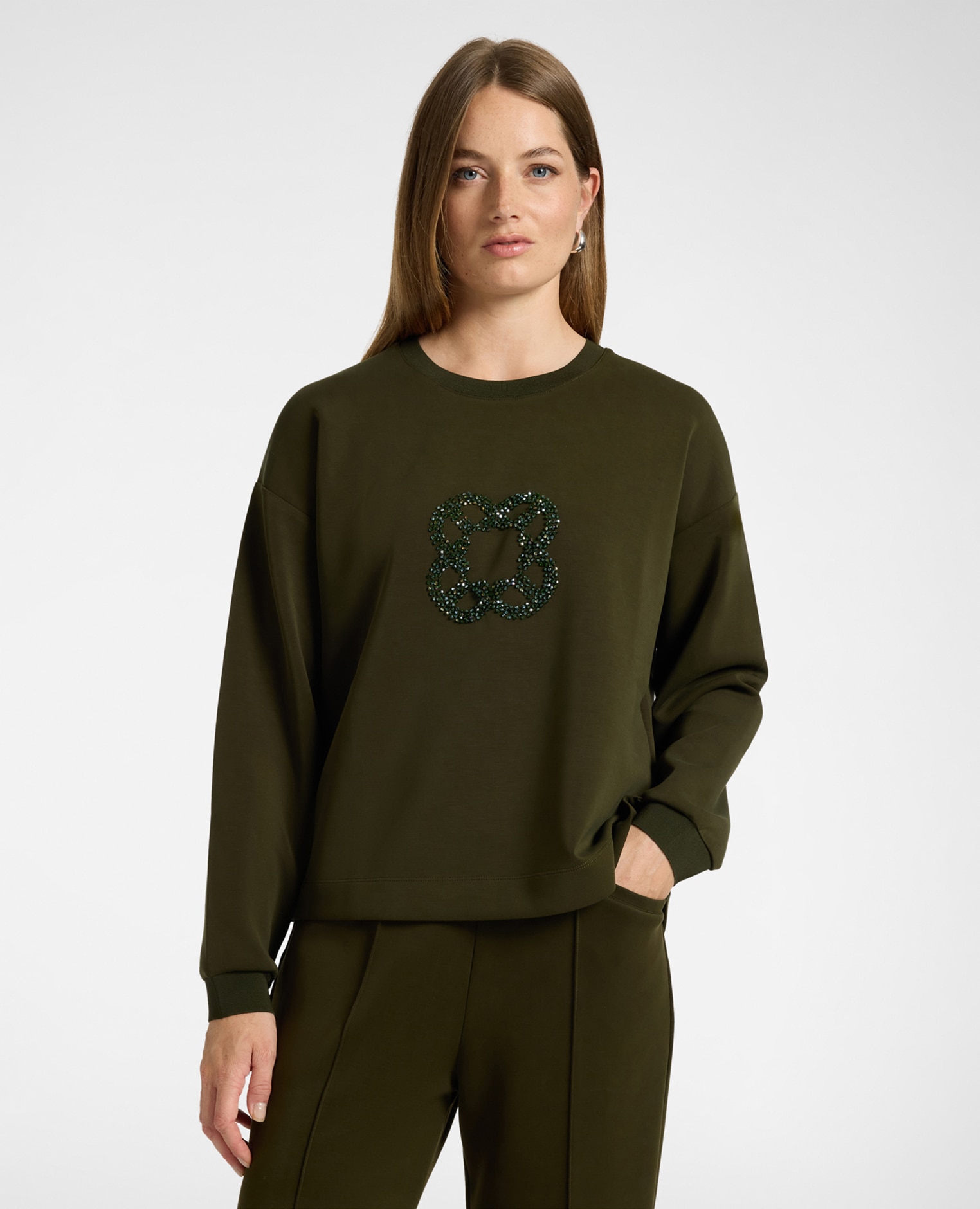 Sudadera de mujer con bordado monogram ajuste boxy con cuello redondo - Elena Miró - Verde militar Verde militar-1