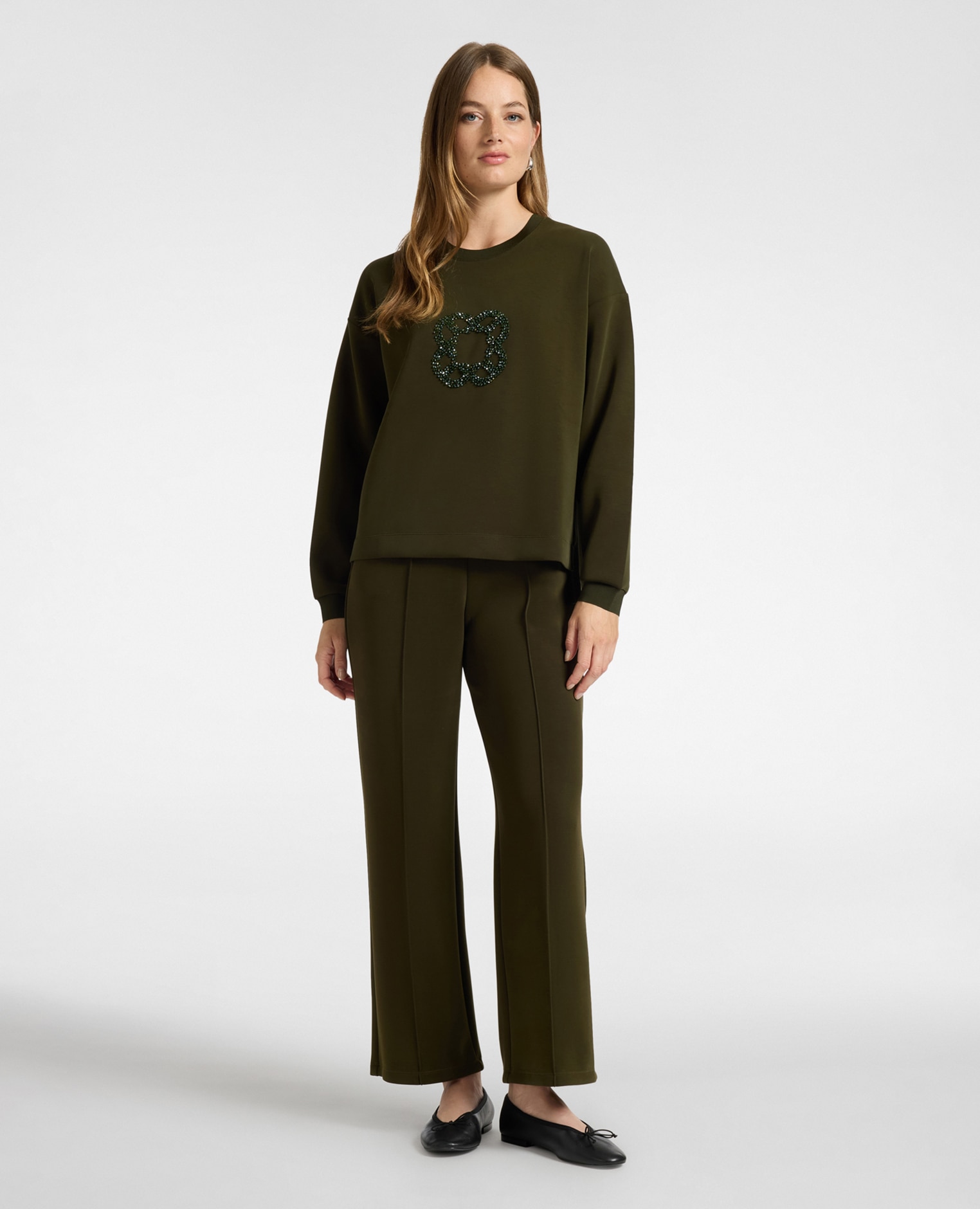 Sudadera de mujer con bordado monogram ajuste boxy con cuello redondo - Elena Miró - Verde militar Verde militar-3