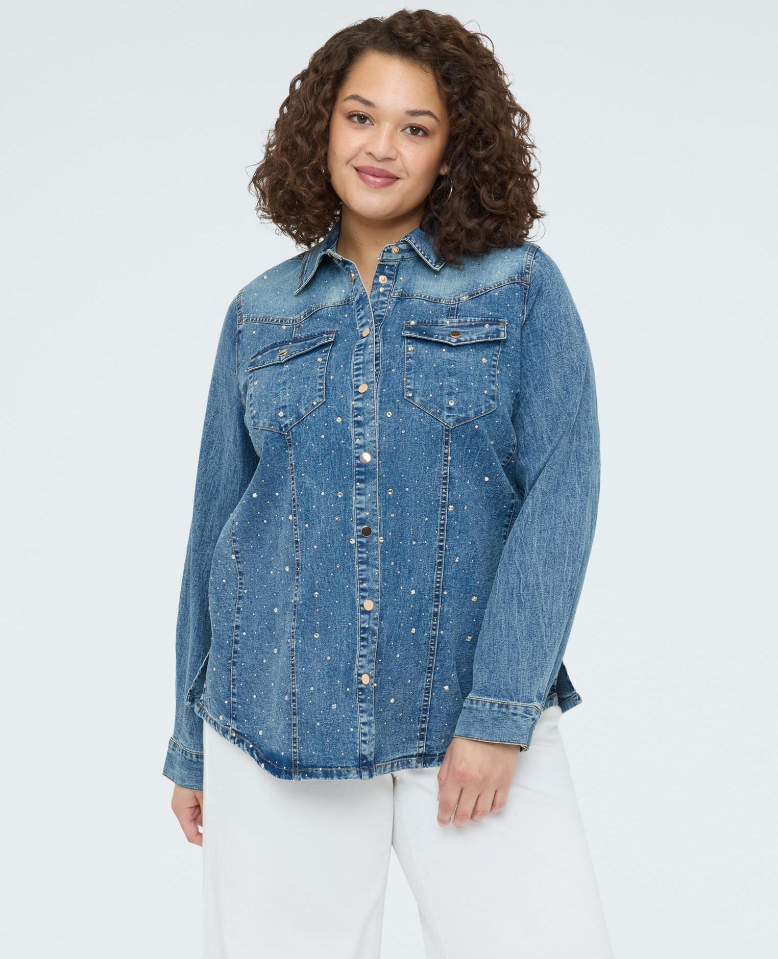 Camisa de mujer de denim con destellos luminosos cierre frontal con botones de presión - Fiorella Rubino - Azul Azul-1