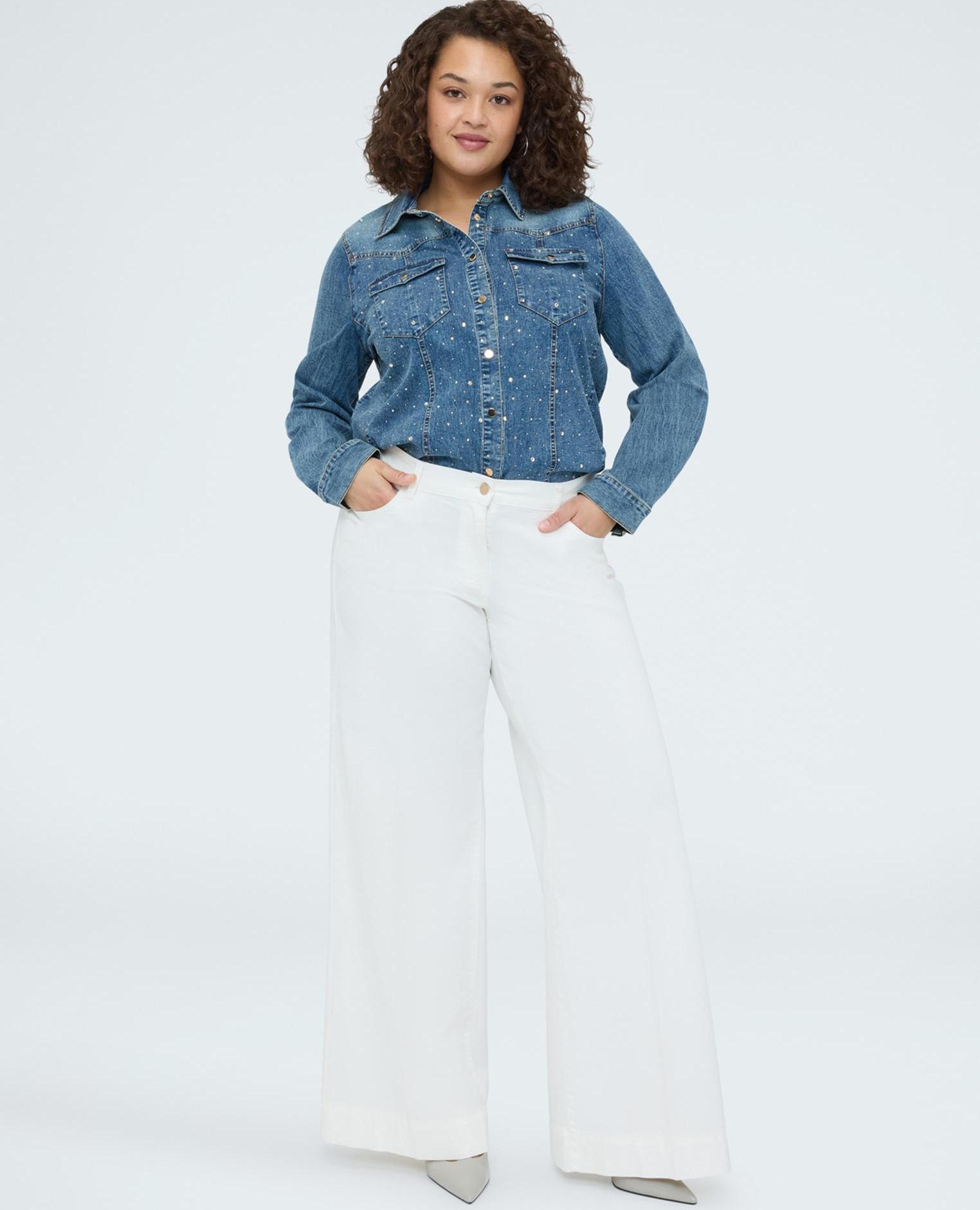 Camisa de mujer de denim con destellos luminosos cierre frontal con botones de presión - Fiorella Rubino - Azul Azul-3