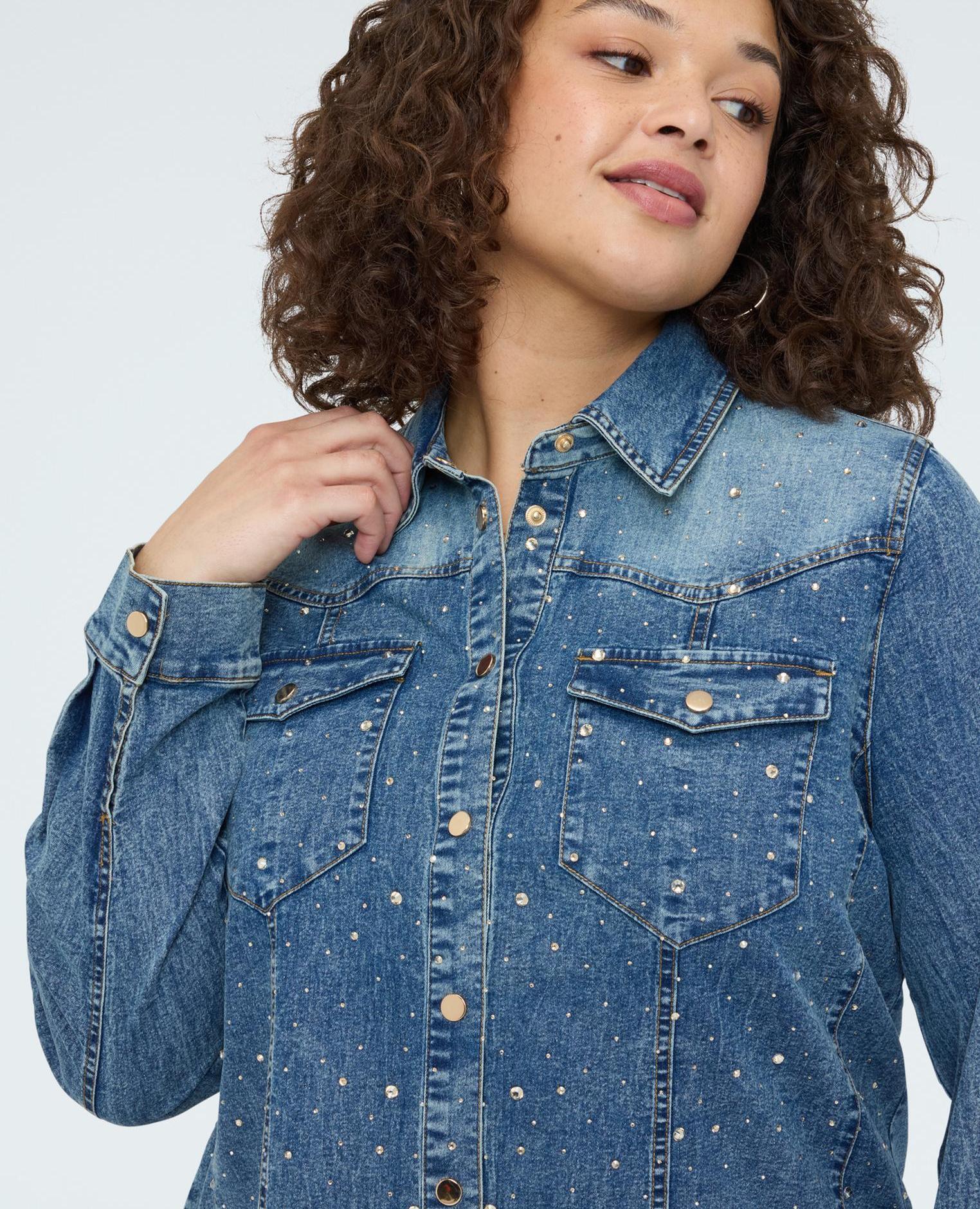 Camisa de mujer de denim con destellos luminosos cierre frontal con botones de presión - Fiorella Rubino - Azul Azul-4
