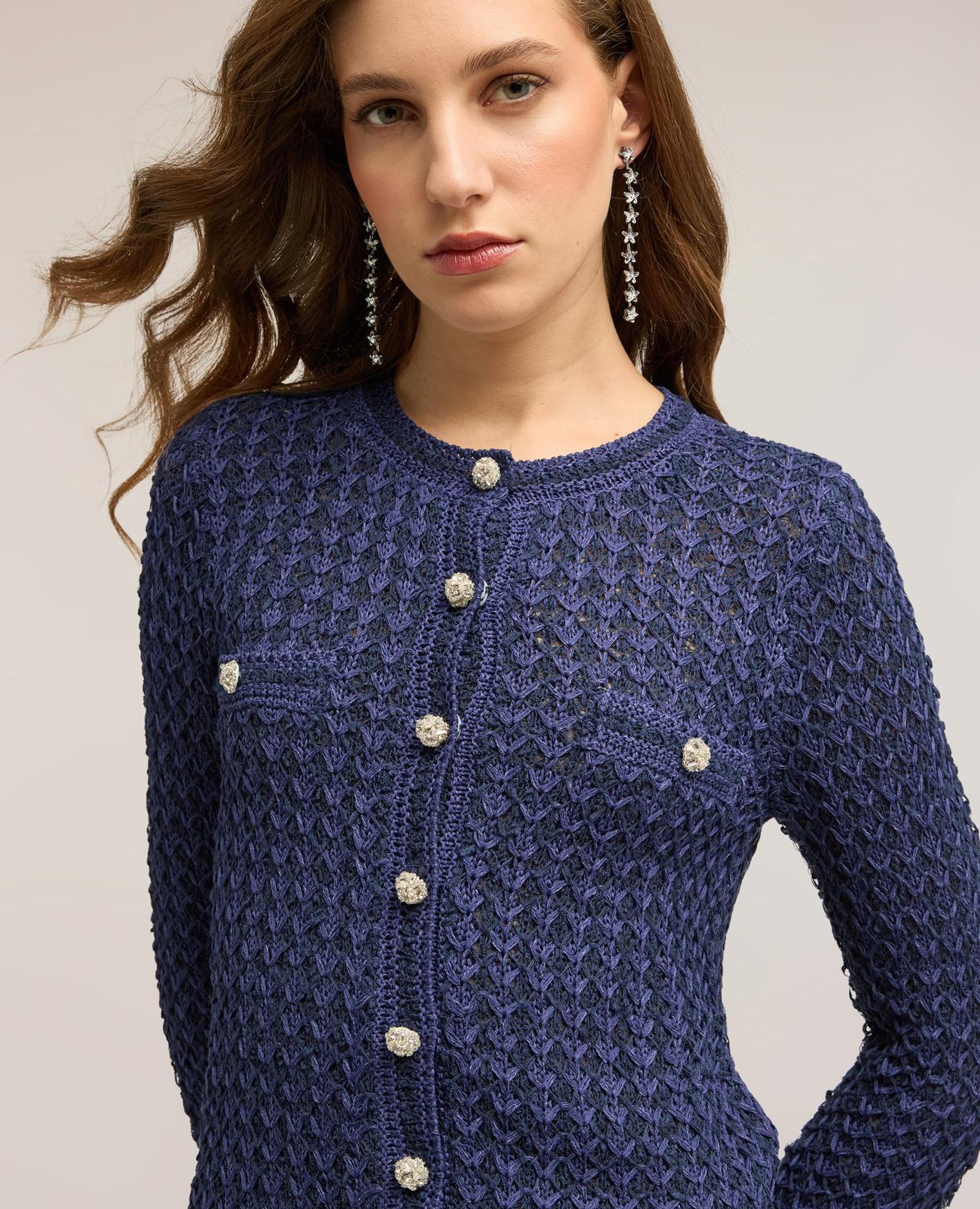 Cárdigan de mujer de punto calado abertura frontal con escote redondo y botones - Motivi - Azul Azul-4