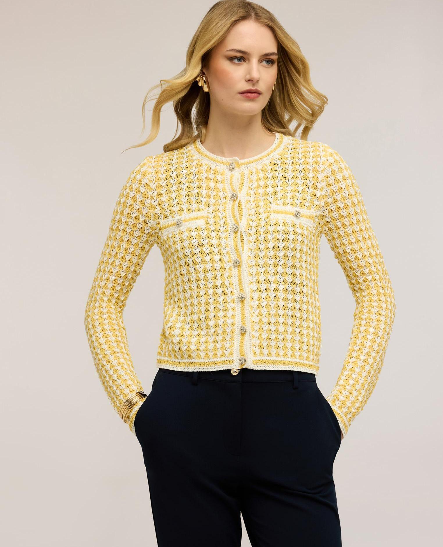 Cárdigan de mujer de punto calado abertura frontal con escote redondo y botones - Motivi - Amarillo Amarillo-1