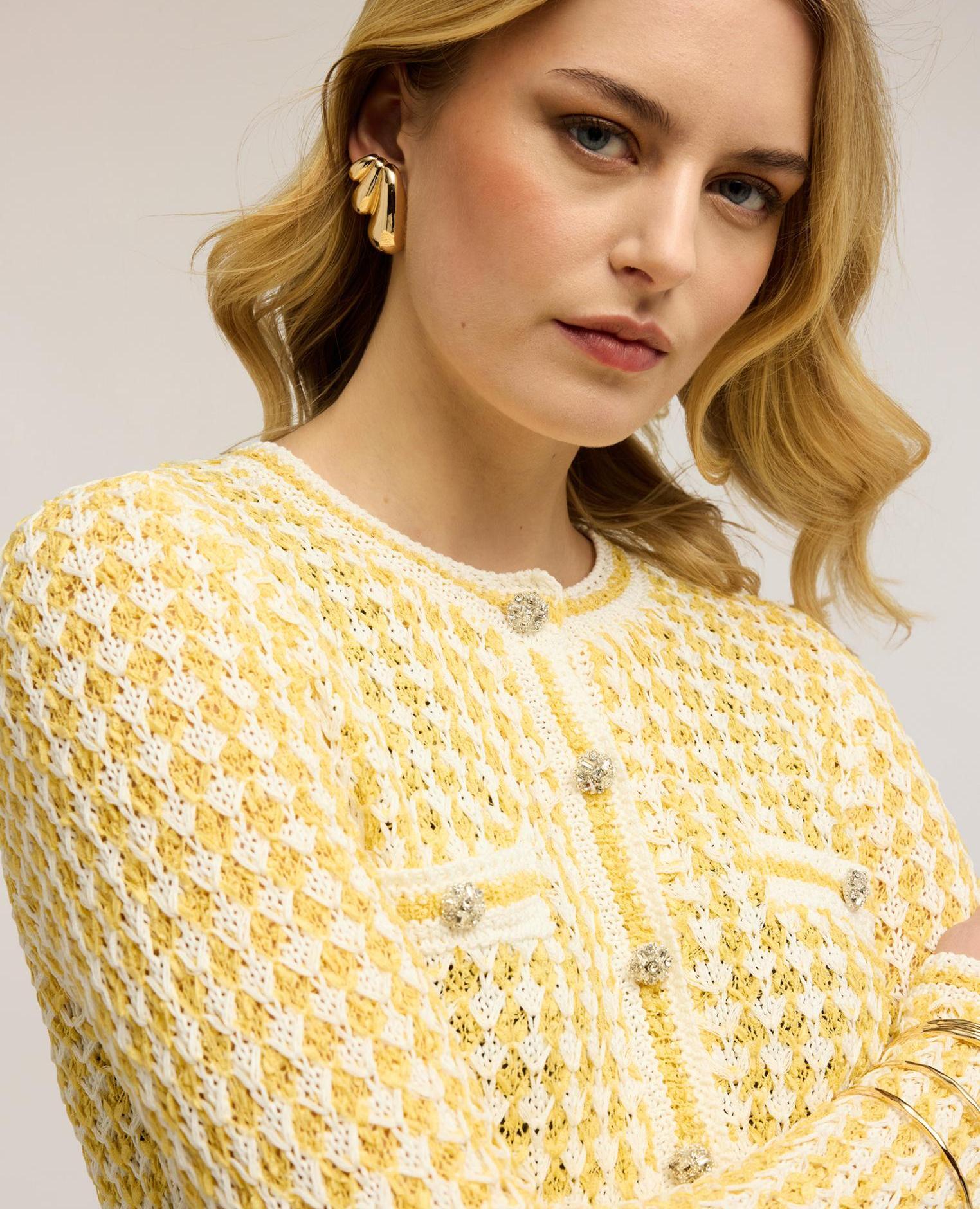 Cárdigan de mujer de punto calado abertura frontal con escote redondo y botones - Motivi - Amarillo Amarillo-3