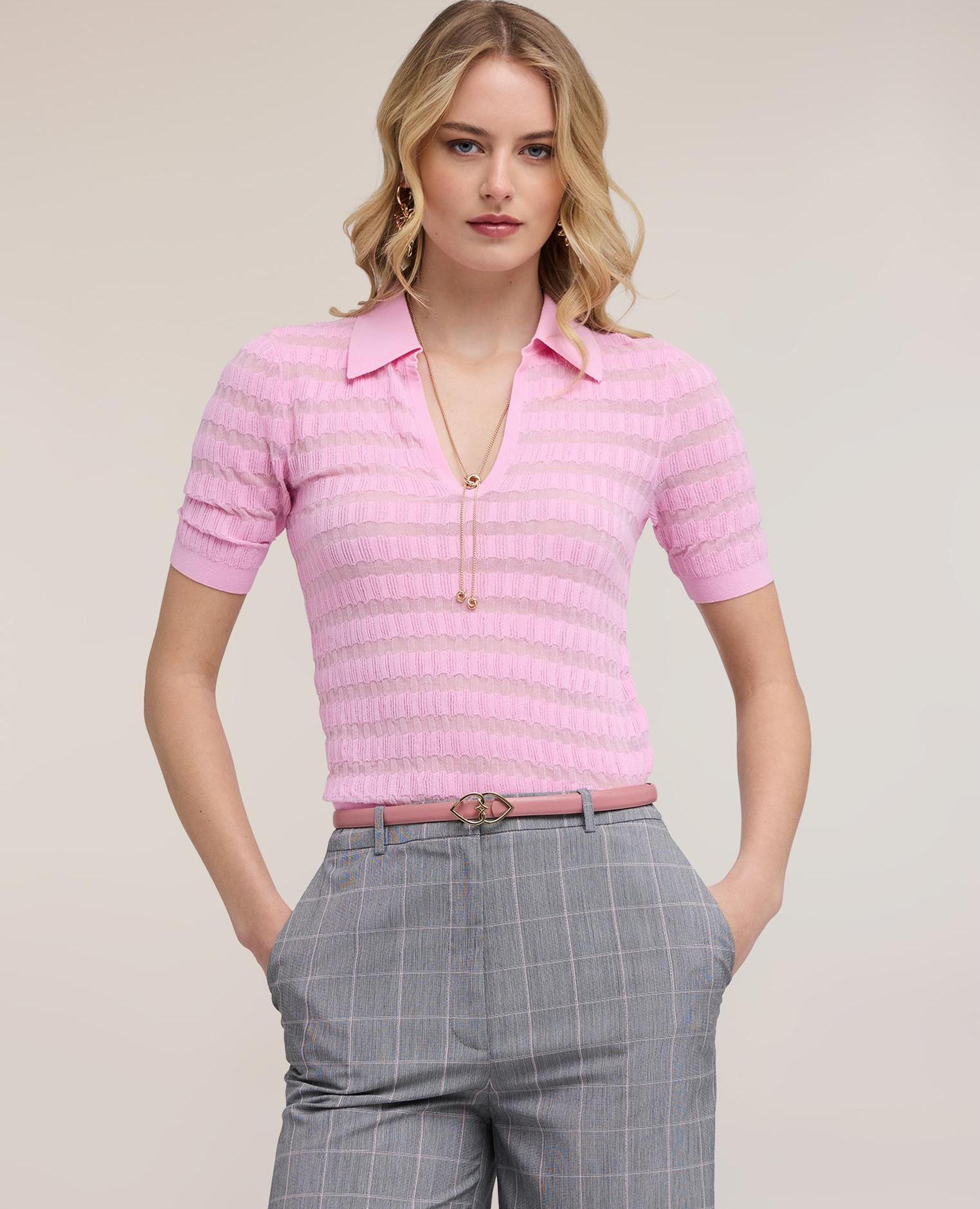 Polo de mujer de punto fino con labor ajouré ajuste entallado - Motivi - Rosa Rosa-3
